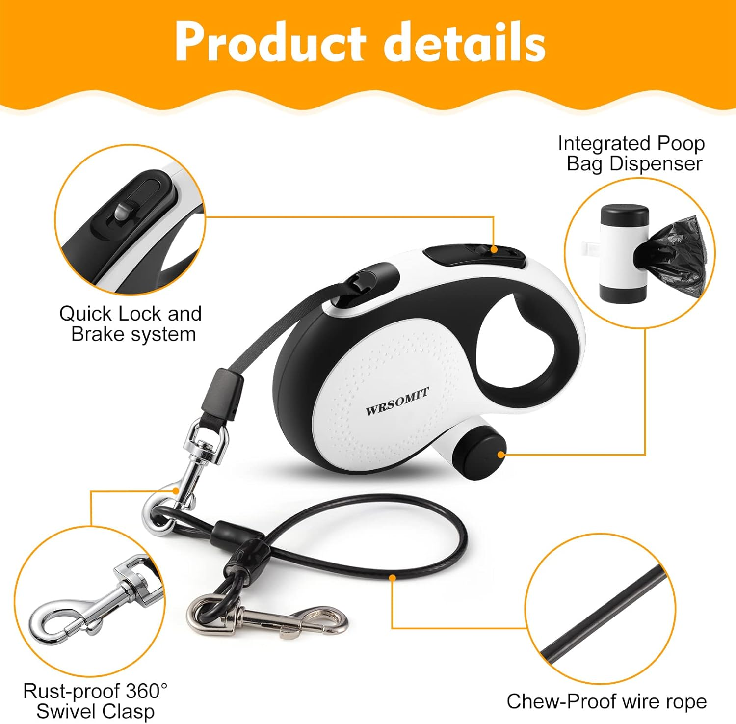 WRSOMIT Retractable Dog Leash with Chew Proof Cable, 26Ft Heavy Duty Dog Leash for Small Medium Large Dogs up to 110Lbs, 360&deg; No Tangle, One-Handed Brake White - Blue image number 7