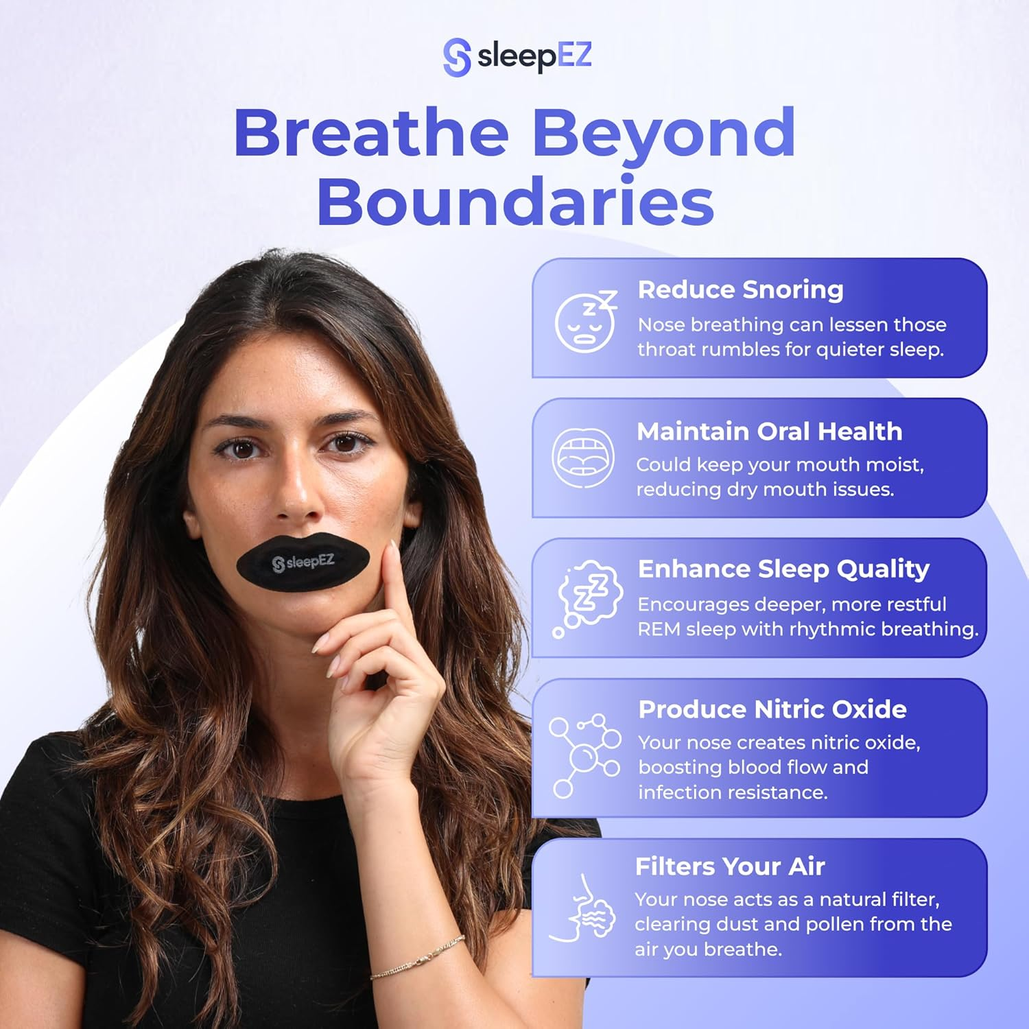 Sleepez Breathe Mouth Tape for Sleeping - 30-Pack | 100% Hypoallergenic Lip-Shaped Sleep Tape for Nasal Breathing & Snoring Relief | Extra-Strength Adhesive & Pain-Free Removal | Supports Oral Health, REM Sleep & Anti-Snore | Black | 1-Month Supply image number 5