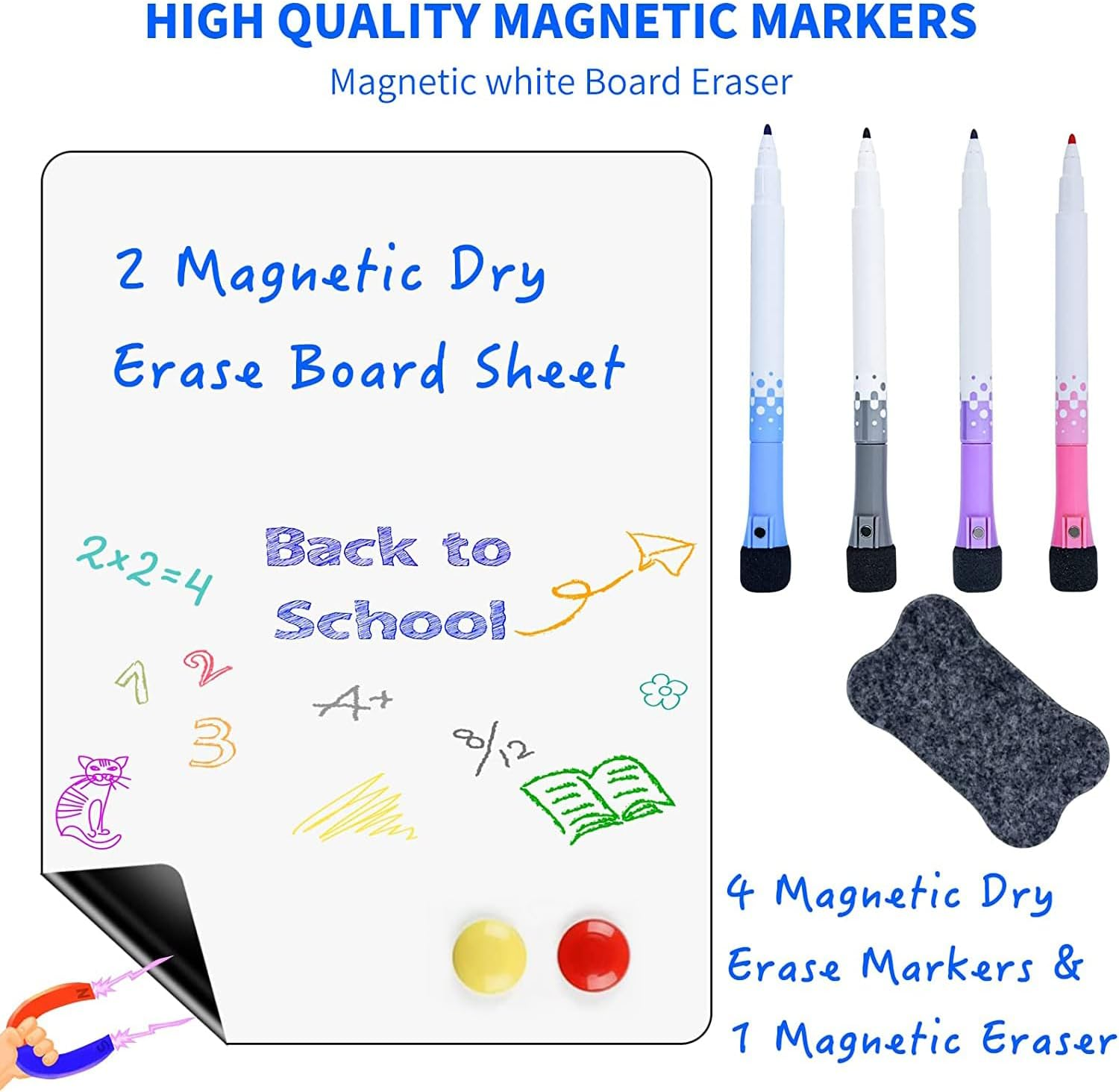 2Pcs Magnetic Dry Erase Whiteboard for Fridge, Magnetic Dry Erase Board Sheet with 4 Dry Erase Markers and 1 Eraser with Magnets, 2 Magnetic Pins, Magnetic Whiteboard for Fridge image number 3