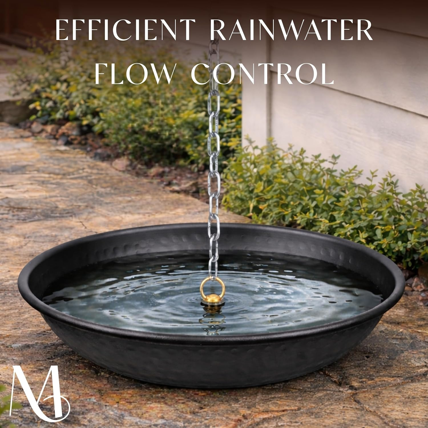 Monarch Rain Chains 15 Inch Basin Hand Hammered Rain Chain Anchoring Basin Downspout Gutters for Outdoor Garden, Lawn and Patio Water Feature, 15 Inch Diameter, Matte Black image number 2