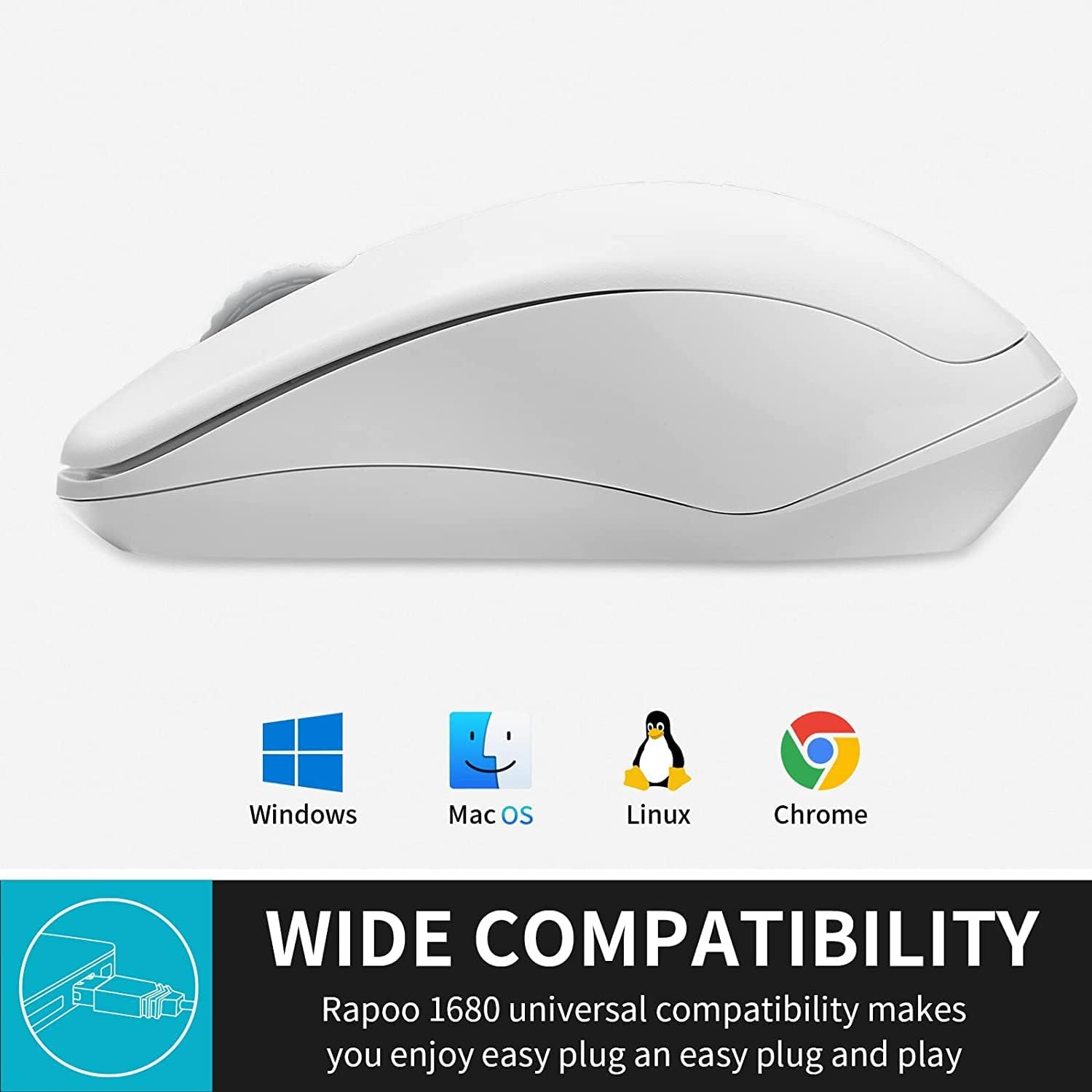 RAPOO 1680 Wireless Mouse, 2.4G Silent Mouse with USB Receiver, Ergonomic Mouse, Optical Mouse, Portable Light Computer Mice for Notebook, PC, Laptop, Computer, Long Battery Life, 1000 Dpi,Whiite