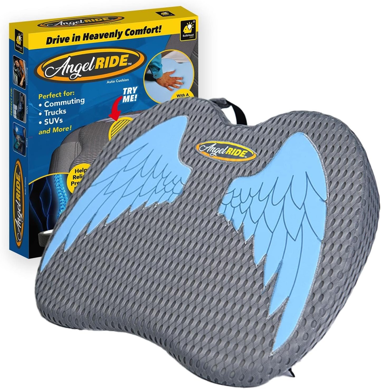 Angel Ride Premium Auto Cushion with Memory Foam, AS-SEEN-ON-TV, Advanced Lumbar Helps Relieve Pressure Points, Molds to Any Body, Drive in Heavenly Comfort in Any Vehicle, Washable Cover, 18 In, Grey image number 2
