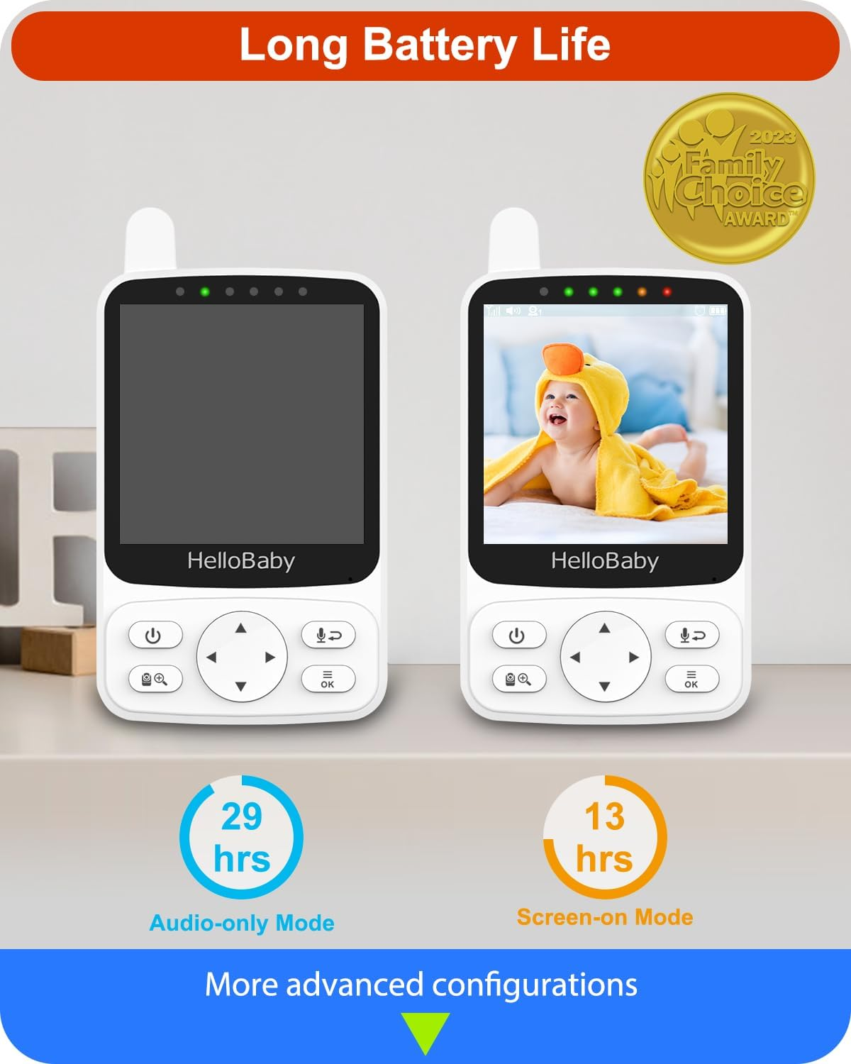 Hellobaby Monitor with 29Hour Battery Life and 4'' IPS Screen, No Wifi, Video Baby Camera Audio 1000Ft Long Rang Auto Night Vision 2 Way Temperature VOX Mode for Pet Eldly White image number 4