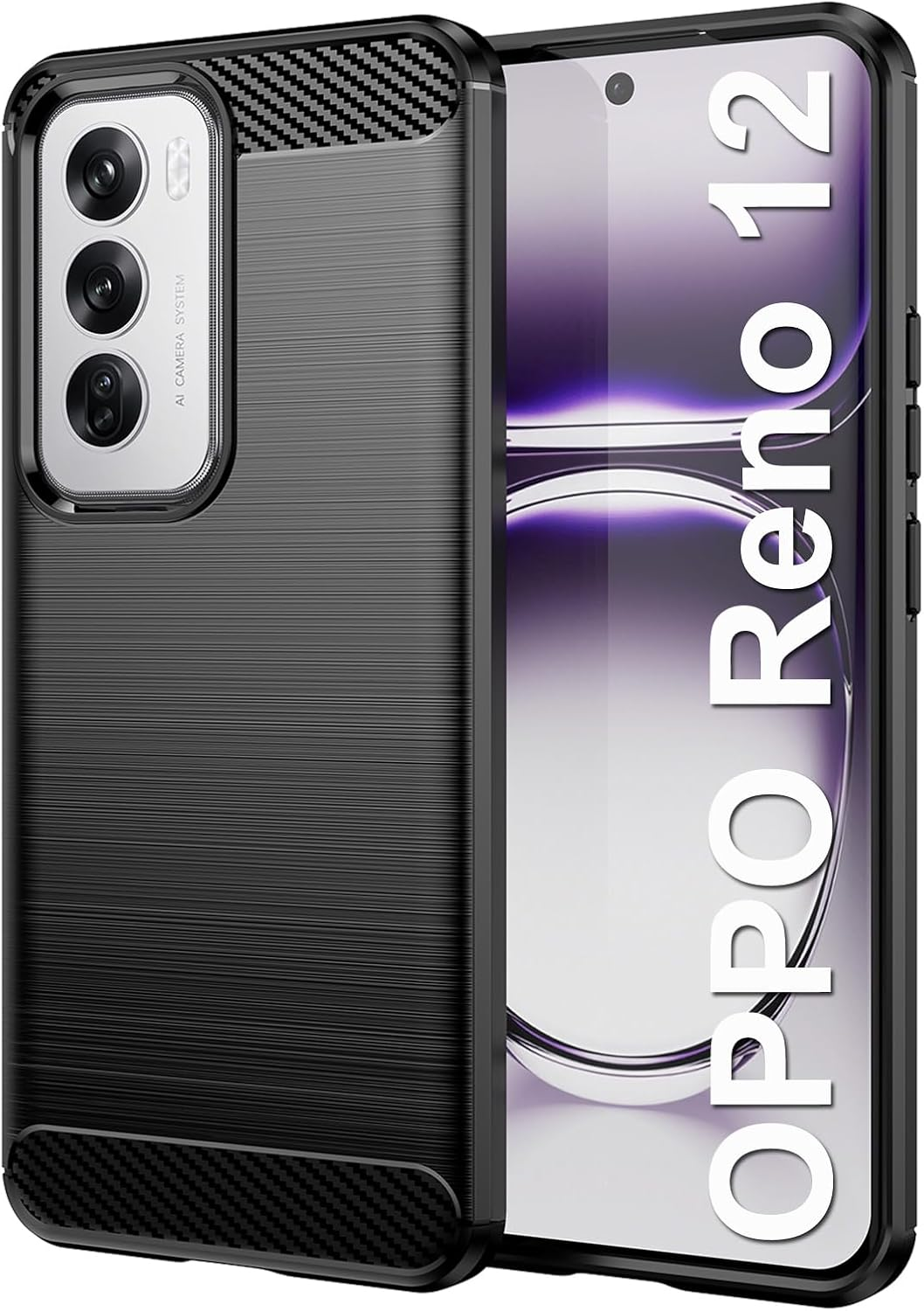  HEYUS Case for Oppo Reno 12 2024, Shock-Absorption Brushed Flexible Soft Carbon Fiber Protective Cover for Oppo Reno 12 2024 - Black image number 3