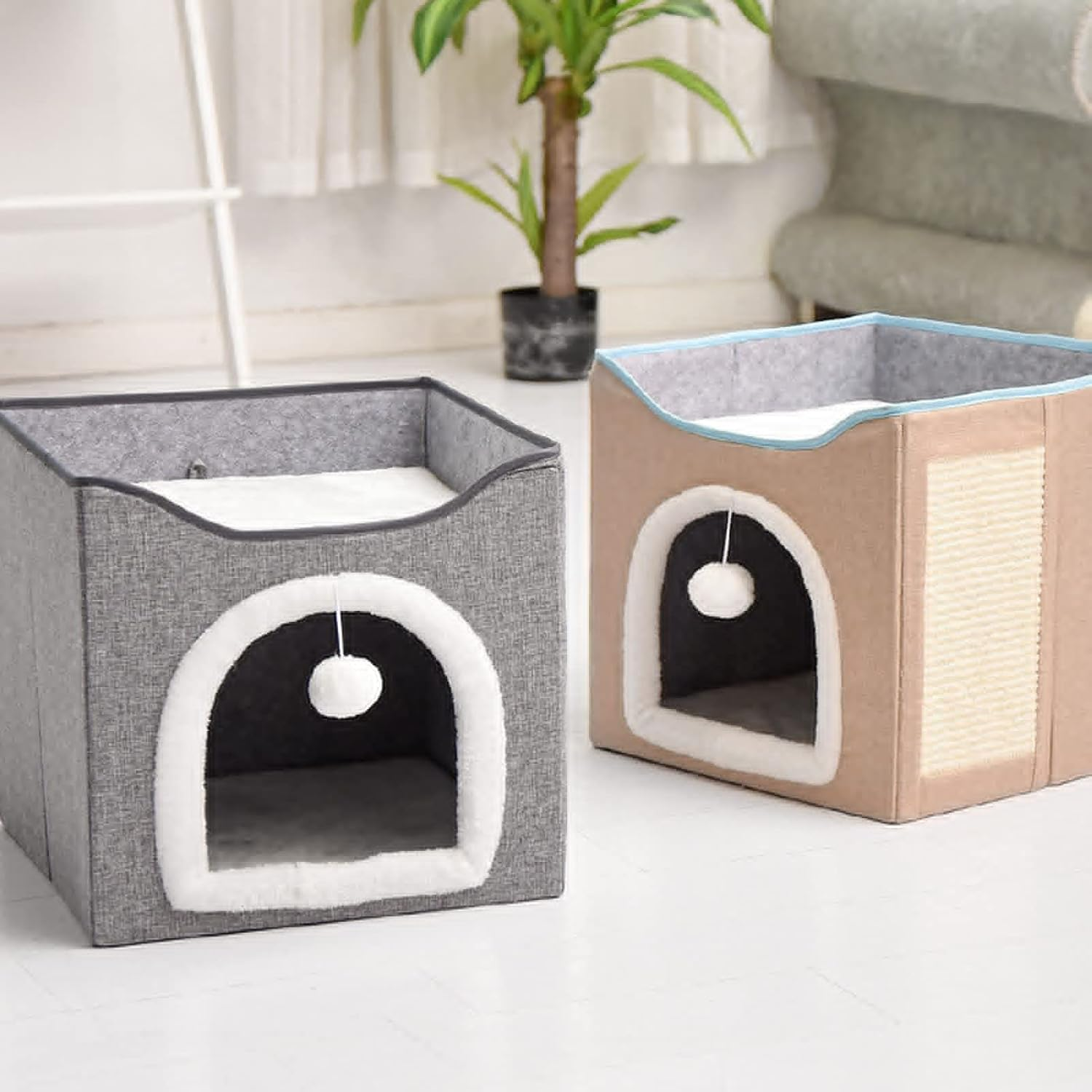 Cat House, Foldable Enclosed Warm Breathable Cat Cave Bed with Scratcher Plush Ball, Machine Washable Cat Beds Resistant Bottom Collapsible Outdoor Cat House for Cats (Apricot) image number 3