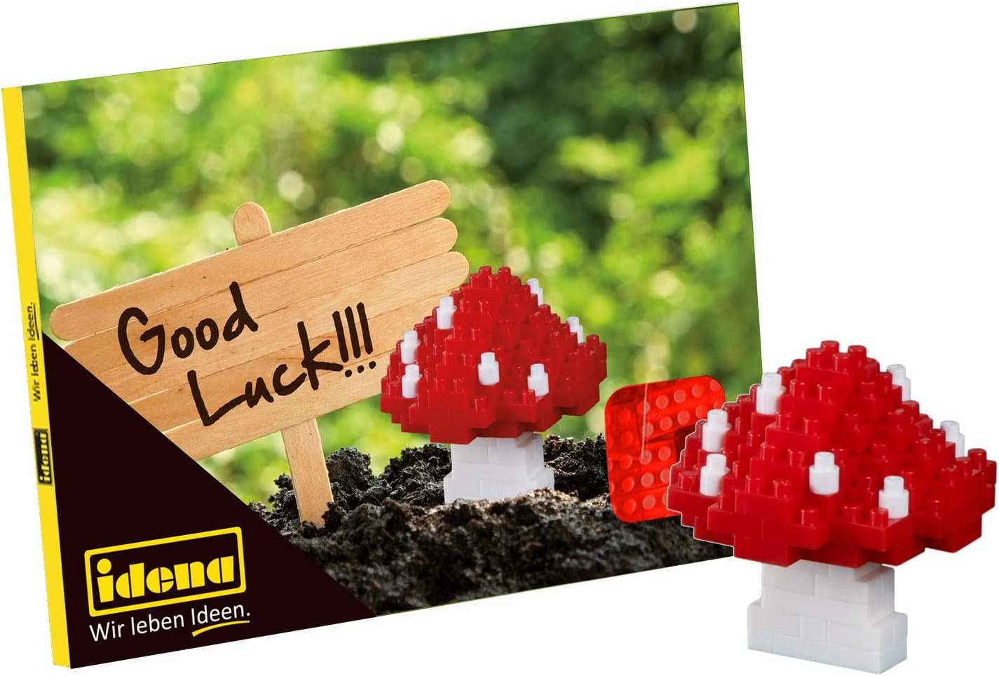 Idena 40156 - Postcard Lucky Mushroom with a 3D Model Building Set with 79 Original Brixies Mini Building Blocks, Difficulty Level 1, Greeting Card or Gift for Children and Adults