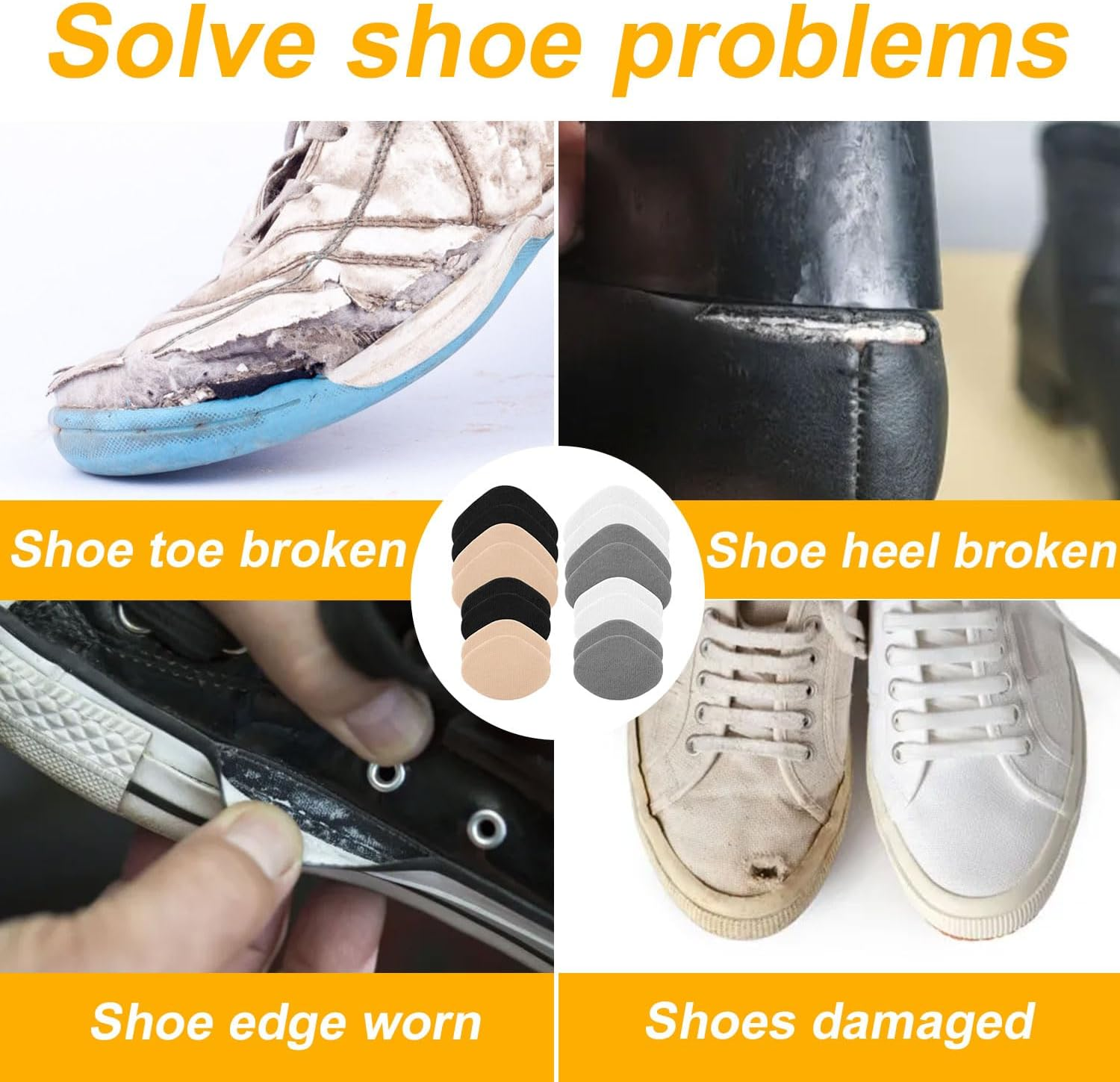 Gosknor 8 Pairs Shoe Patches for Holes, 4 Colors Patches for Shoes Lint Cloth Shoe Hole Repair Patch for Sneakers Mesh Shoes Leather Shoes, Black, White, Gray, Skin, Medium image number 1