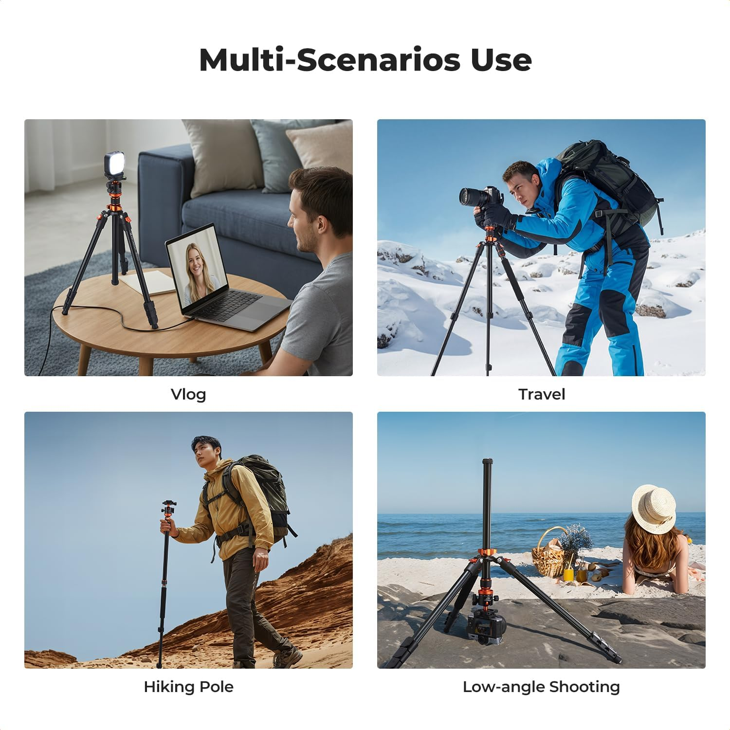 K&F CONCEPT 78 Inch/200Cm Camera Tripod, DSLR Compact Aluminum Tripod Monopod with 360 Degree Ball Head Load Capacity 10KG for Travel Indoor Outdoor Use, K234A7+BH-28L (S210+KF28) image number 3