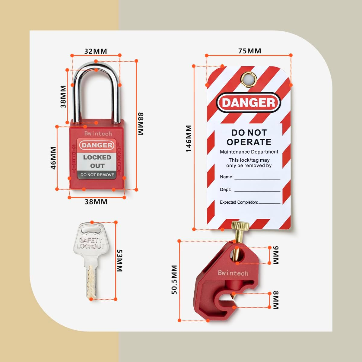 Bwintech 5 Piece 38MM Different Red Safety Padlock Set with Key with Circuit Breaker Safety Lock Padlock Loto Tag Safety Padlock Meets the Requirements of the Industrial Electrical Lockout Tagout Kit image number 6