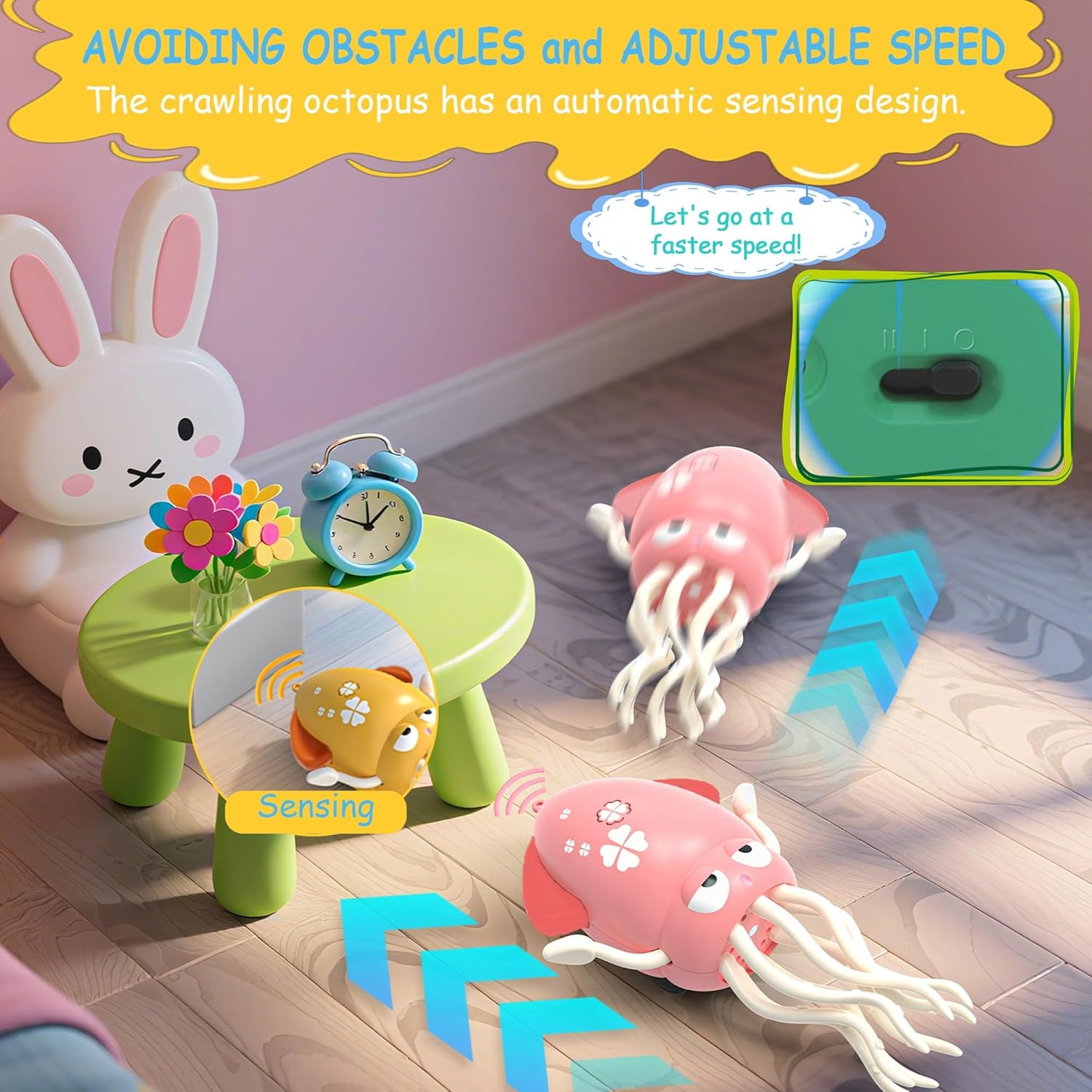 Electric Dancing Octopus Baby Toy, Crawling Octopus Tummy Time Toy with LED & Music, Rechargeable Upright＆Crawling Squid Interactive Toys, Toddlers Walking Toy for 3 4 5 6 Year Boy Girl Gifts (Pink) - Green image number 4