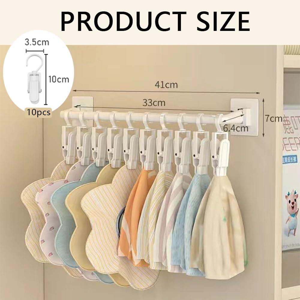 Kid Pants & Accessories Hanger Organizer &ndash; 10-Clip Closet Rack for Baby Socks, Leggings, Hats, Towels, and Cloth Diapers, Wall or Door Mounted, Space-Saving Storage for Toddlers