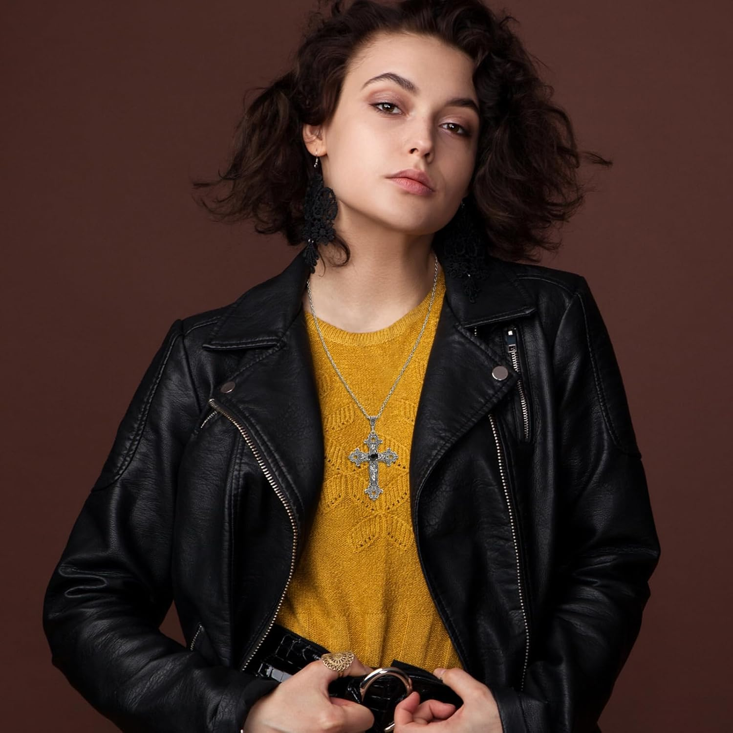 SHUS LIVE Gothic Cross Necklace Silver-Tone Pendant with Glass Stone, on 25&rdquo; Steel Chain, Cross Necklace for Women, Large Goth Silver Cross Necklaces for Man, Big Y2K Necklaces, Halloween Jewelry image number 5