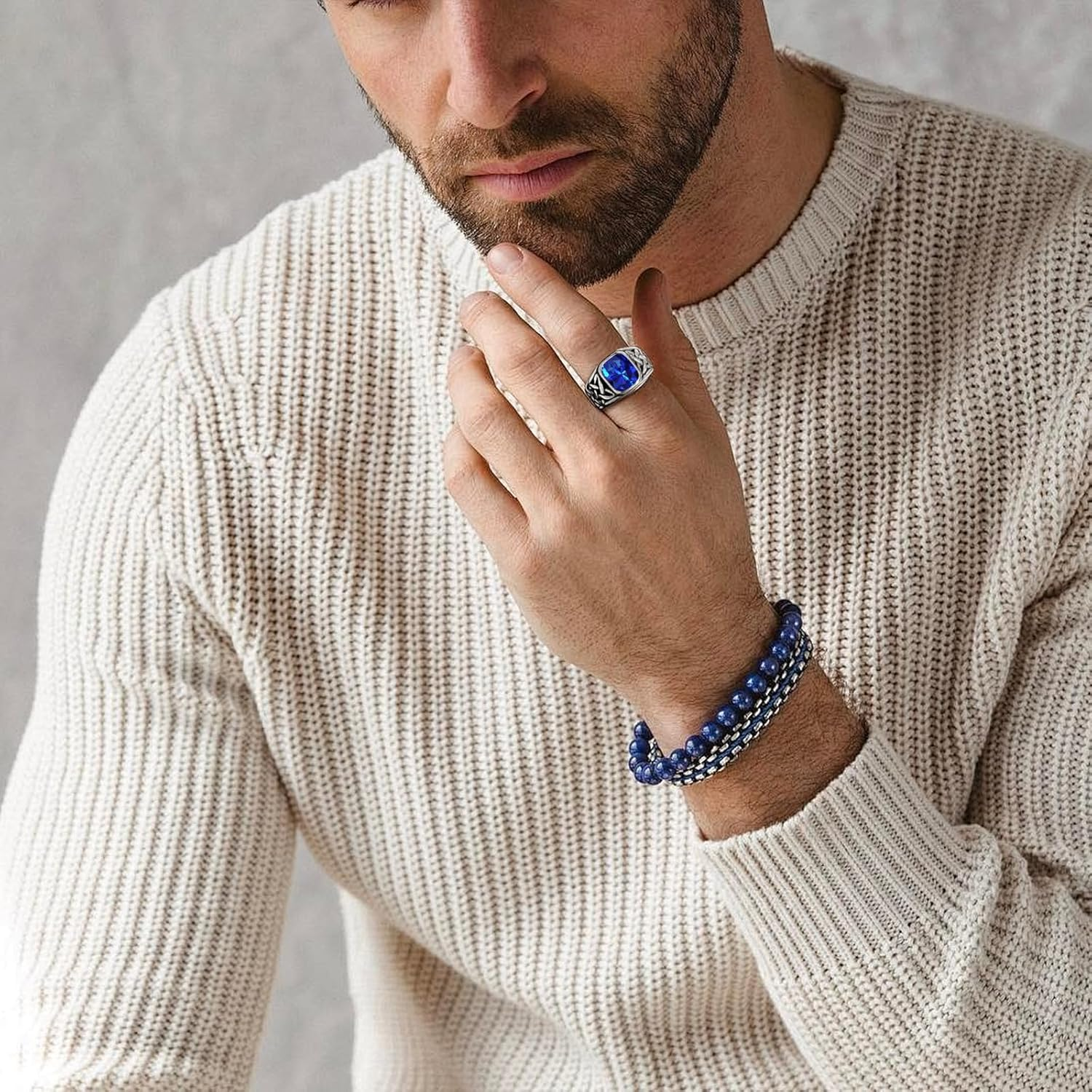 LIAN Mens Black Onyx Sapphire Rings Stainless Steel Square Agate Signet Rings for Men Pinky Thumb Ring Band for Dad Father Handmade Engraved Jewelry Men Boys - 12, Blue image number 3