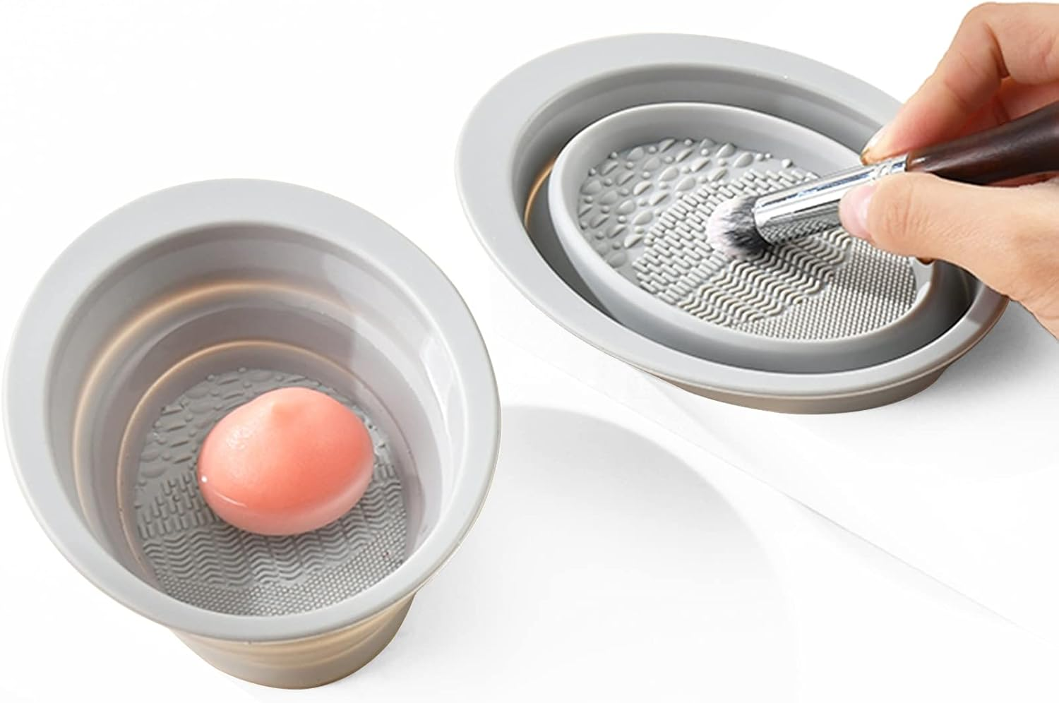 (Gray) - Makeup Brush Cleaning Mat, Silicone Makeup Brush Scrubber, Cosmetic Brush Cleaner, Brush Cleaning Pad, Foldable Makeup Brush Cleaning Bowl Suitable for Makeup Brush, Makeup Sponge, Powder Puff (Grey) image number 1