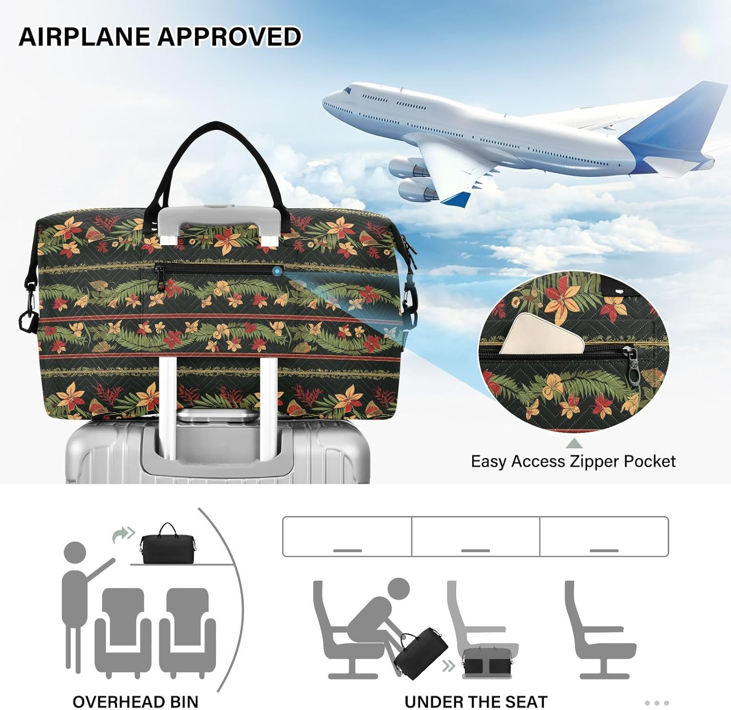 Oversized Travel Duffel Bag Travel Weekender Gear Bag Gym Carry on Duffel Bags with Toiletry Bag for Trekking 2 Pcs Set, Tropical Style Flower Yellow Red and Green image number 2