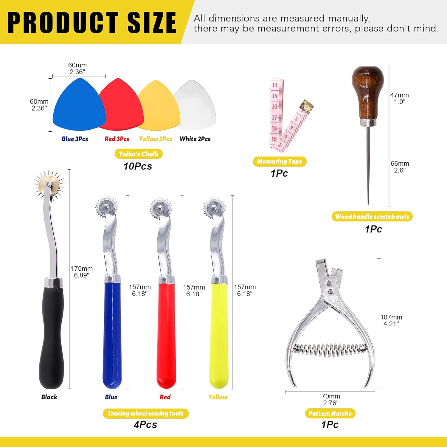 Mardatt 8Pcs Professional Leather Sewing Tools Kit with Tracing Wheels, Stainless Steel Pattern Notcher, Scratch Awl, Tailors Chalk, Soft Measuring Tape for Leather Tailor Paper Cloth Sewing image number 1