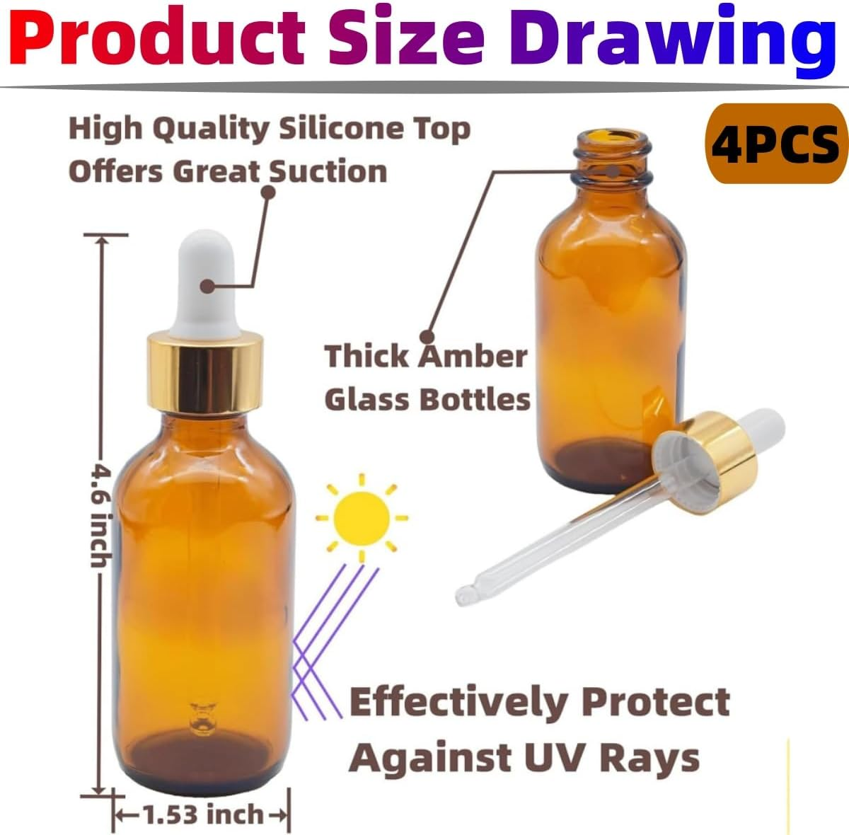 4PCS Eyedropper Bottles,Klhcduo 20 Oz Amber Glass Oil Bottle with Eyedropper,50 Ml Amber Glass Eyedropper - Tincture Bottle image number 1