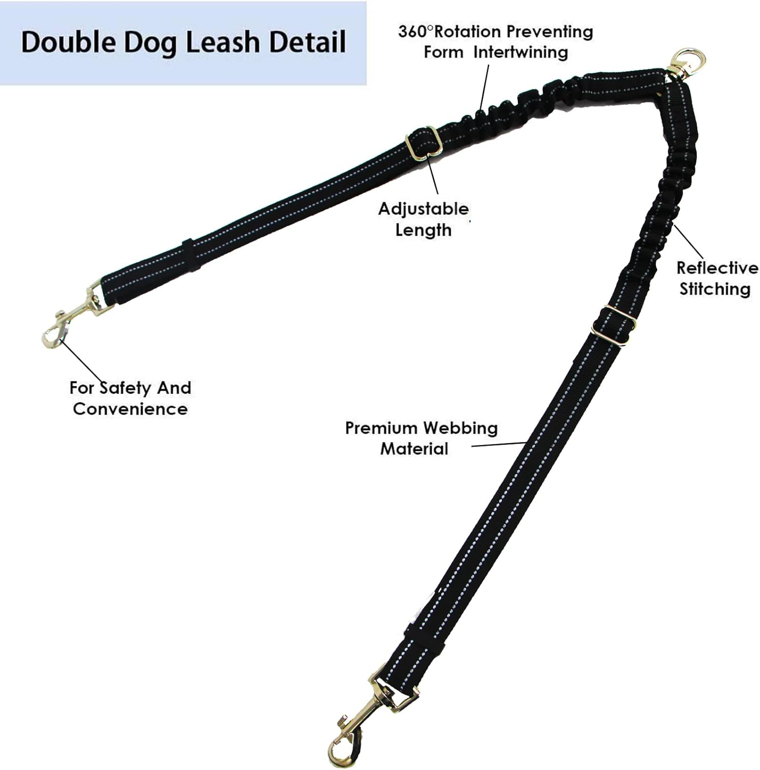 Double Dog Lead Coupler, No Tangle 360&deg;Swivel Rotation Two 2 Dog Lead Splitter, Heavy Duty Adjustable Bungee Reflective Dual Dog Leash for Walking Medium Large Dog (Black-Small) - Black image number 2