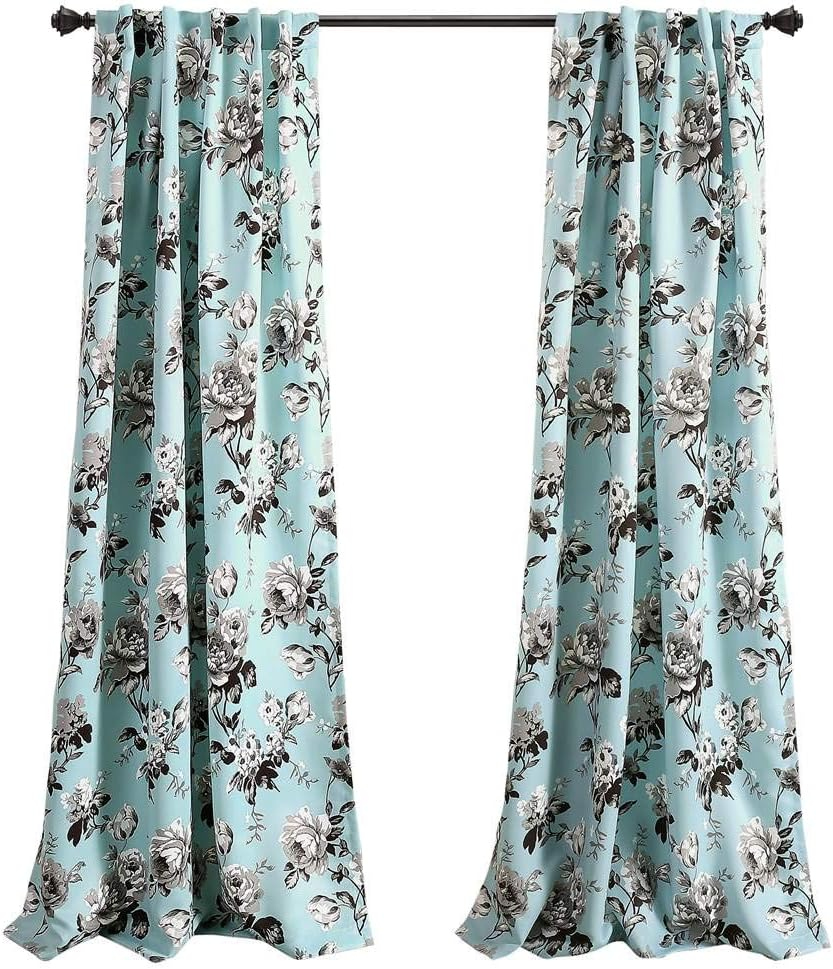 Lush Decor Tania Curtains | Floral Garden Room Darkening Window Panel Set for Living, Dining, Bedroom (Pair), 84&rdquo; X 52&rdquo;, Blue and Gray, 84" X 52" image number 2