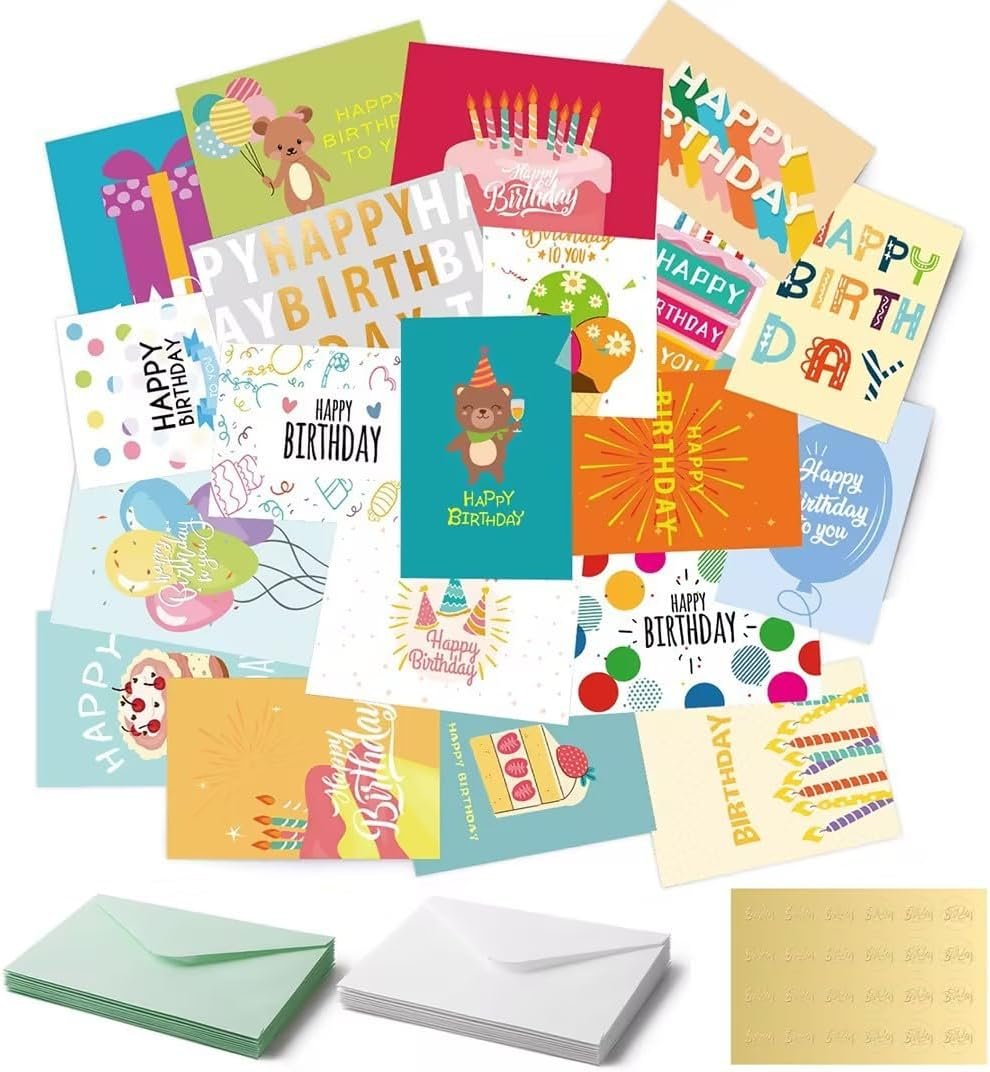 24 Pack Unique Gold Foil Birthday Cards with Envelopes & Stickers，4X6 Inches Blank Happy Birthday Cards Assortment in Bulk for Family, Kids, Friends, Work & Office Celebrations. image number 3