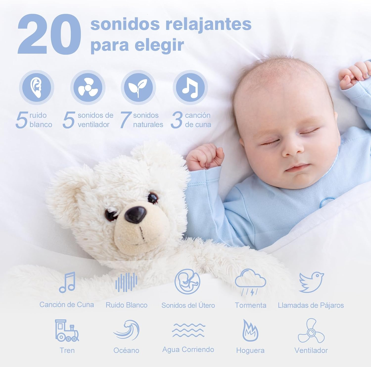 Easy@Home White Noise Machine: 20 Soothing Sounds Portable White Noise Machine with Nightlight Natural Music Sleep Relation for Sleeping Children (White) image number 6