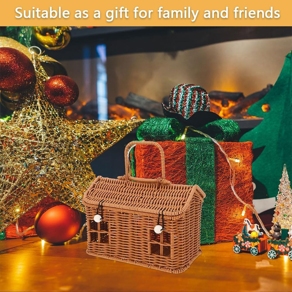 Handmade Rattan House-Shaped Storage Basket with Lid &ndash; Small Woven Dollhouse Organizer Bag for Toys, Home Decoration, and Photo Props image number 3