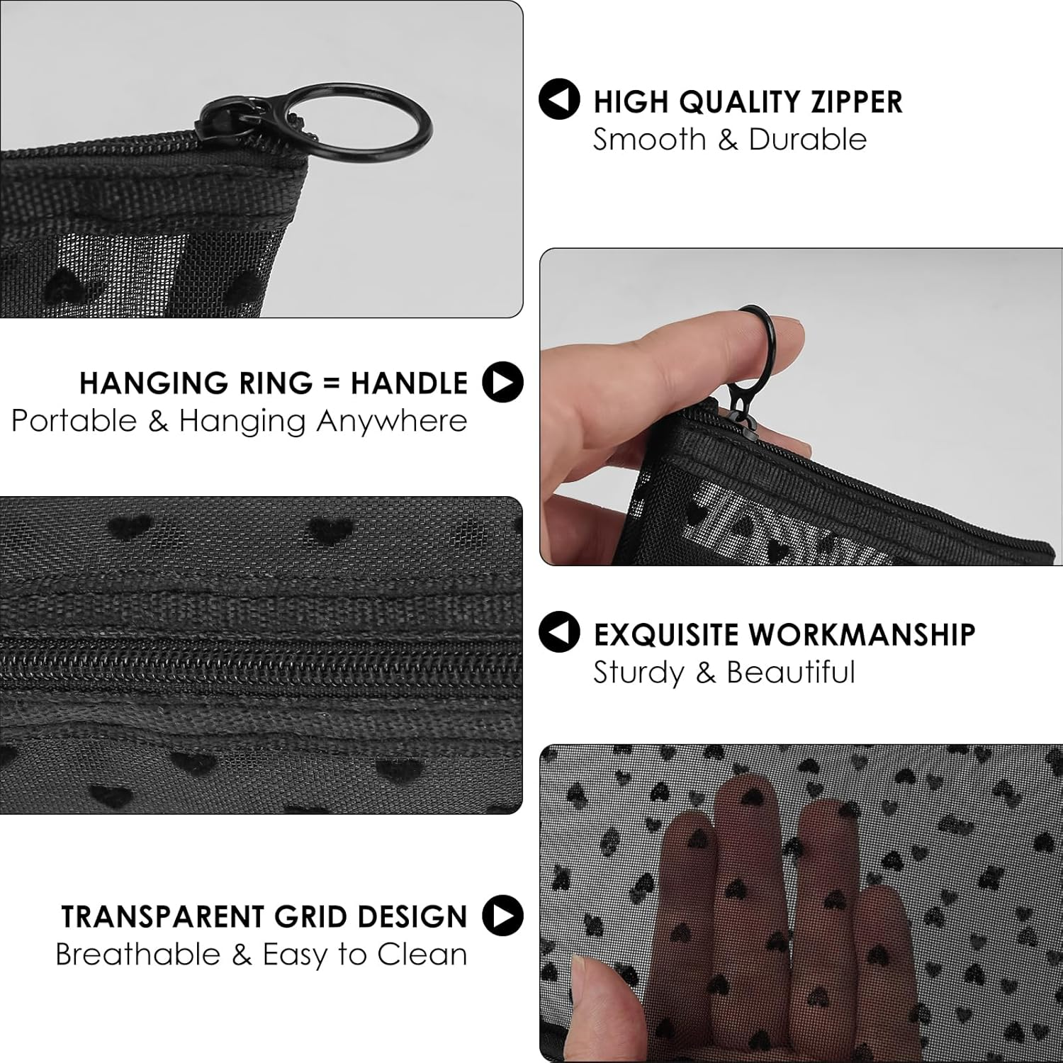 Mesh Makeup Bags, Heart Print Zipper Mesh Storage Pouch, Travel Cosmetic Accessories Organizer for Women, Black-Set of 3 - Black, Beige, Pink image number 4