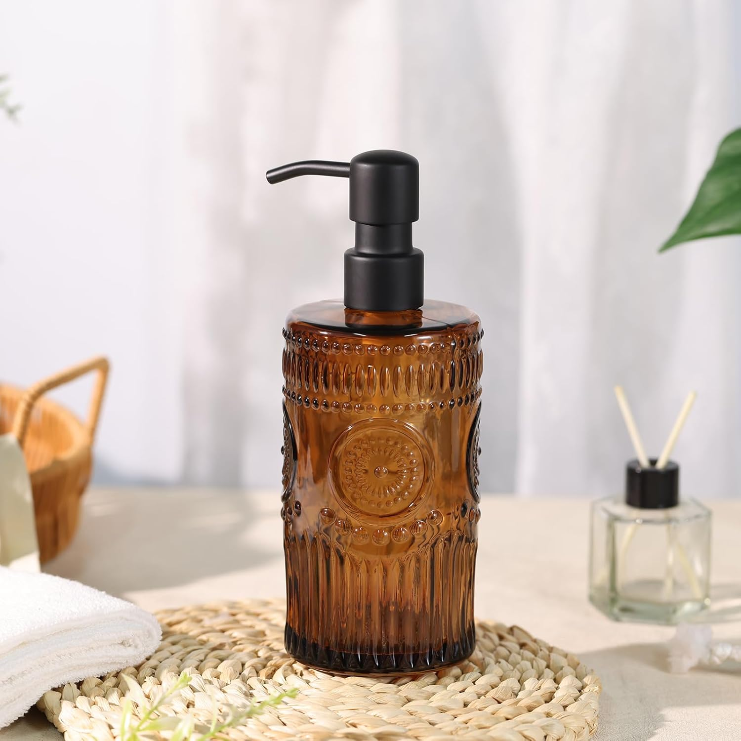 17 OZ Amber Glass Soap Dispenser with Black Stainless Steel Pump, Sunflower Embossed Glass Soap and Lotion Dispenser Set, Liquid Hand Soap Dispenser for Kitchen & Bathroom (2 Pack) - Green image number 2