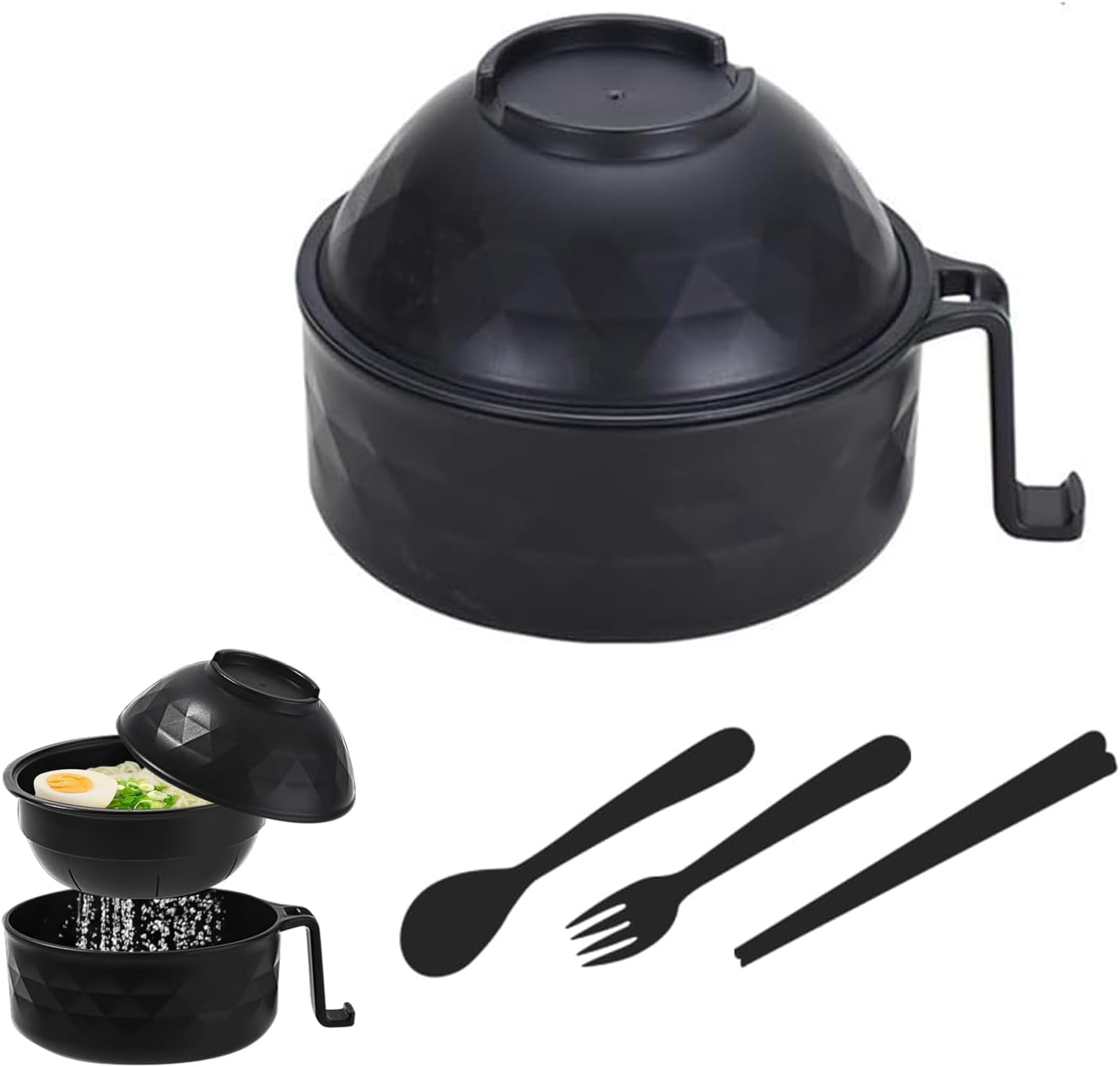 Yharnamite 6 Pcs Ramen Bowl Set, Ramen Noodle Bowls with Chopsticks, Spoon, Fork, Strainer and Lid, Microwave Ramen Cooker, Ramen Pot Set for Dorm Room, Apartment, Home, Office (Black)