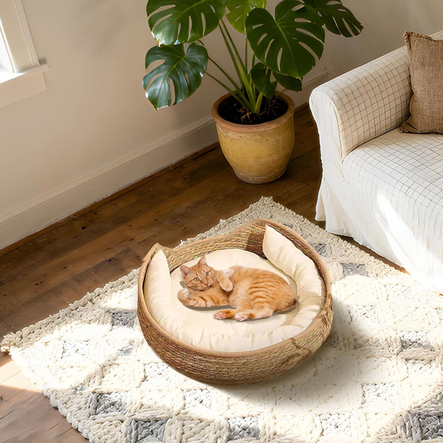Cat Basket Bed - Woven Cat Bed Basket with Cushion and Pillow - All Season Weaving Pet Sleeping Resting Scratching Furniture for Puppy Dog Kitten