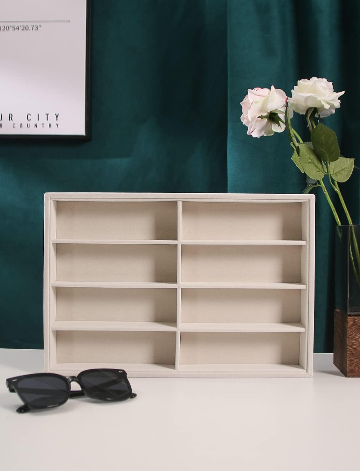 Sunglass Organizer Tray, Beige Velvet Glasses Trays, Eyeglasses Watches Jewelry Display Organizer Tray Box for Men Women (8 Grids Beige) - 6 Grids Beige image number 1