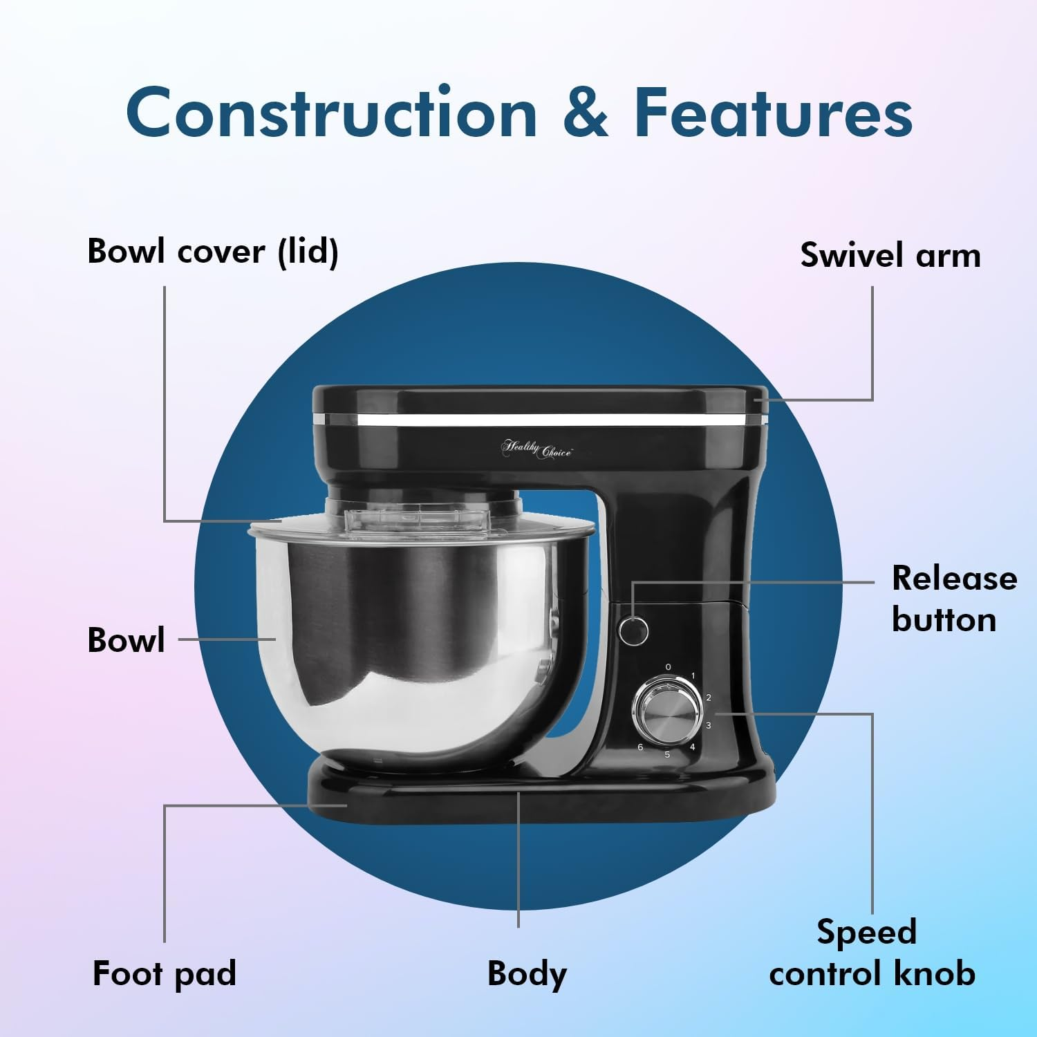 Healthy Choice Kitchen Mixer 1200W Stand Mixer - Planetary Mixing, Robust Gear Mechanism, Electronic Speed Settings, 5L Stainless Steel Bowl, Pouring Shield - Black (MMX1200) image number 4