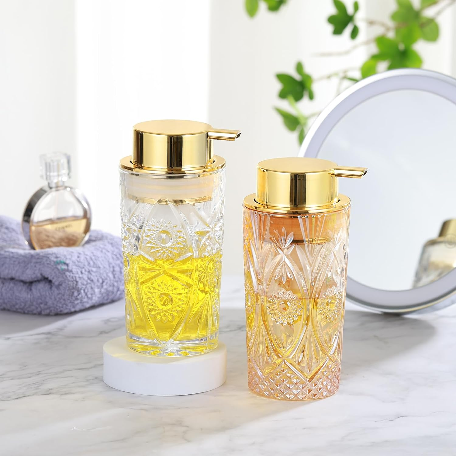 LEICURACE Glass Foaming Hand Soap Dispenser Foaming Soap Dispenser for Bathroom Clear Soap Dispenser with Pump (Amber Sun Patteren) - Foam Type/Gold/U Pattern image number 7