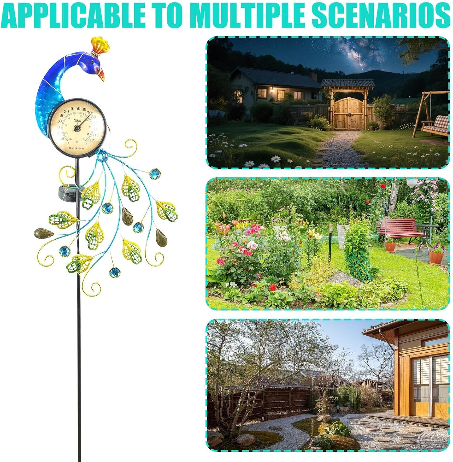 Outdoor Thermometer Peac-Ock Garden Stake, Solar Garden Stake Lights with Temperature Display, Decorative Outdoor Thermometers for Patio, Yard, Gard-En, Pathway image number 6