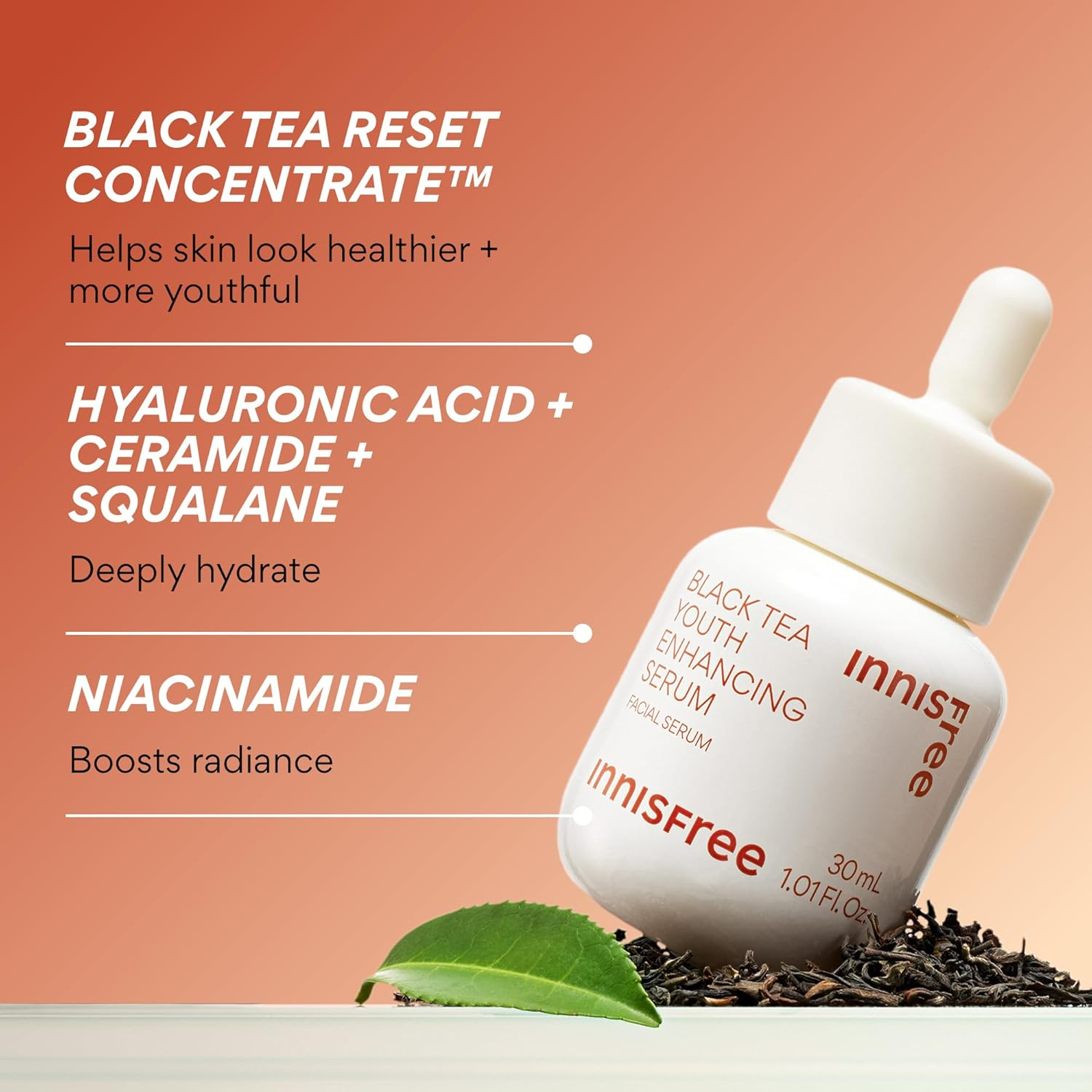 Innisfree Black Tea Youth Serum, Korean Anti-Aging Treatment with Niacinamide for Radiance, Firm Skin, Hydration, and Visible Skin Renewal image number 4