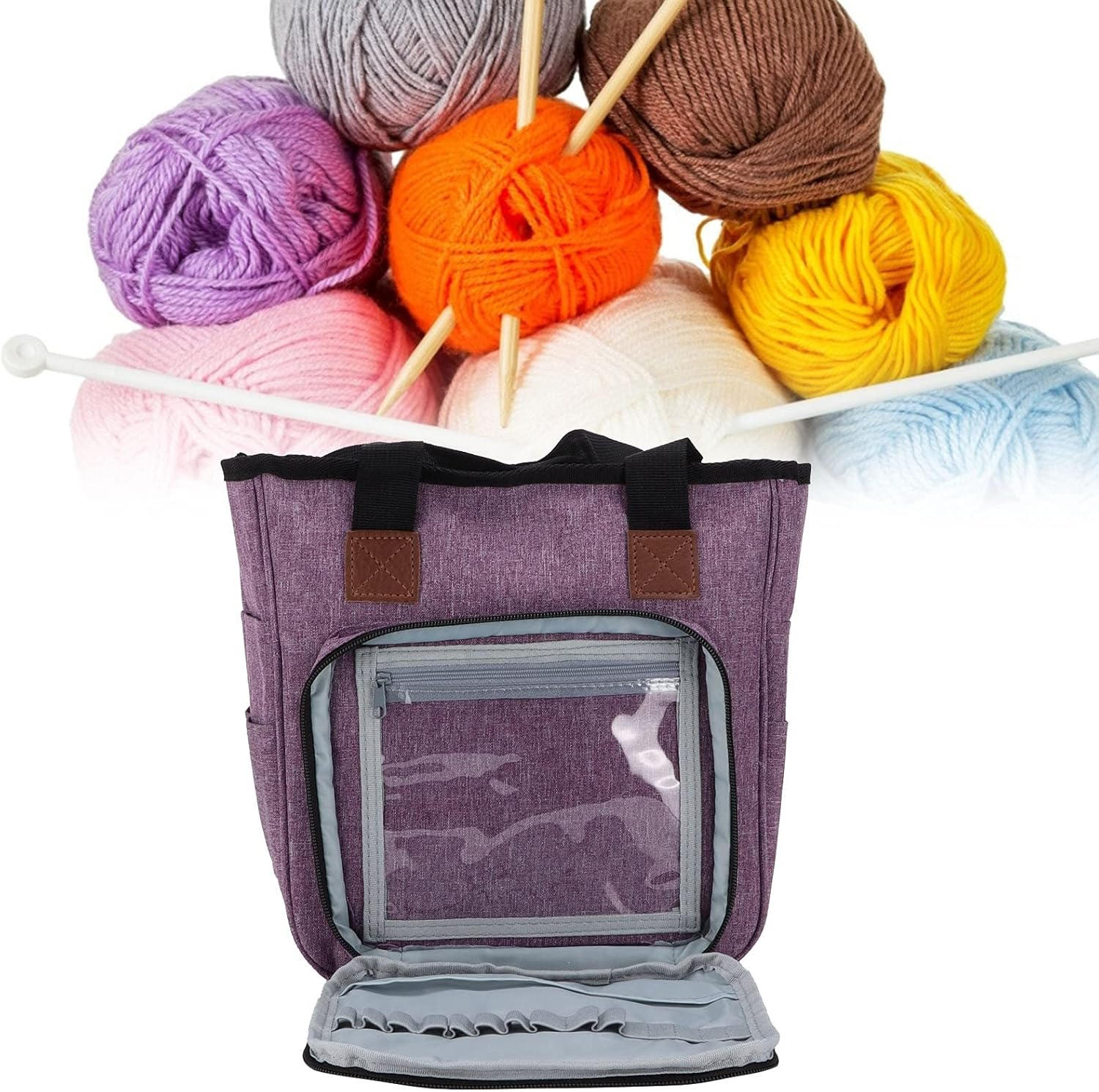 Portable Knitting Bag Organiser - Oxford Cloth Yarn Storage Tote with Multiple Compartments for Crochet Hooks & Needles (Purple) image number 5