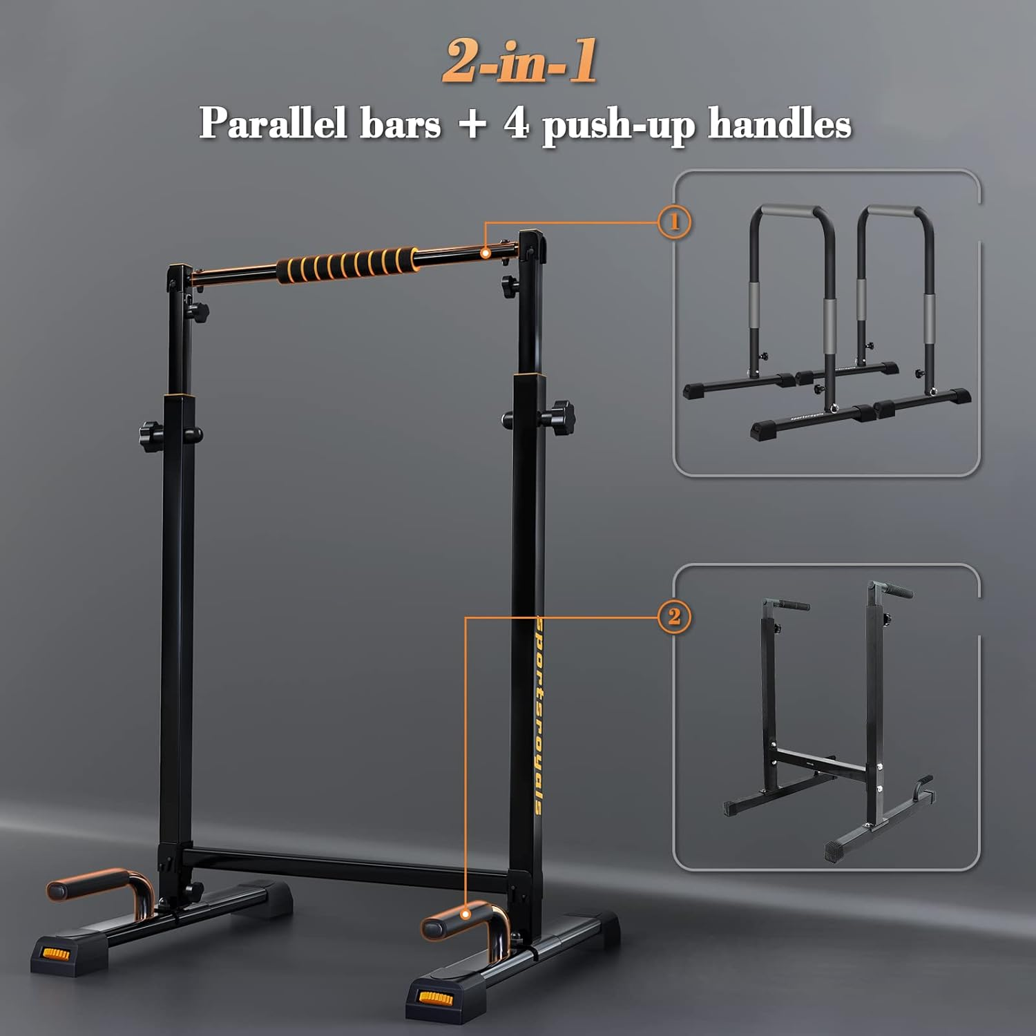 Sportsroyals Dip Bar, Adjustable Dip Stands Station for Home, Functional Heavy Duty Parallette Bars for Upper Body Workout (400/1200LBS Loading Capacity, 2025 New Version) - Orange image number 4