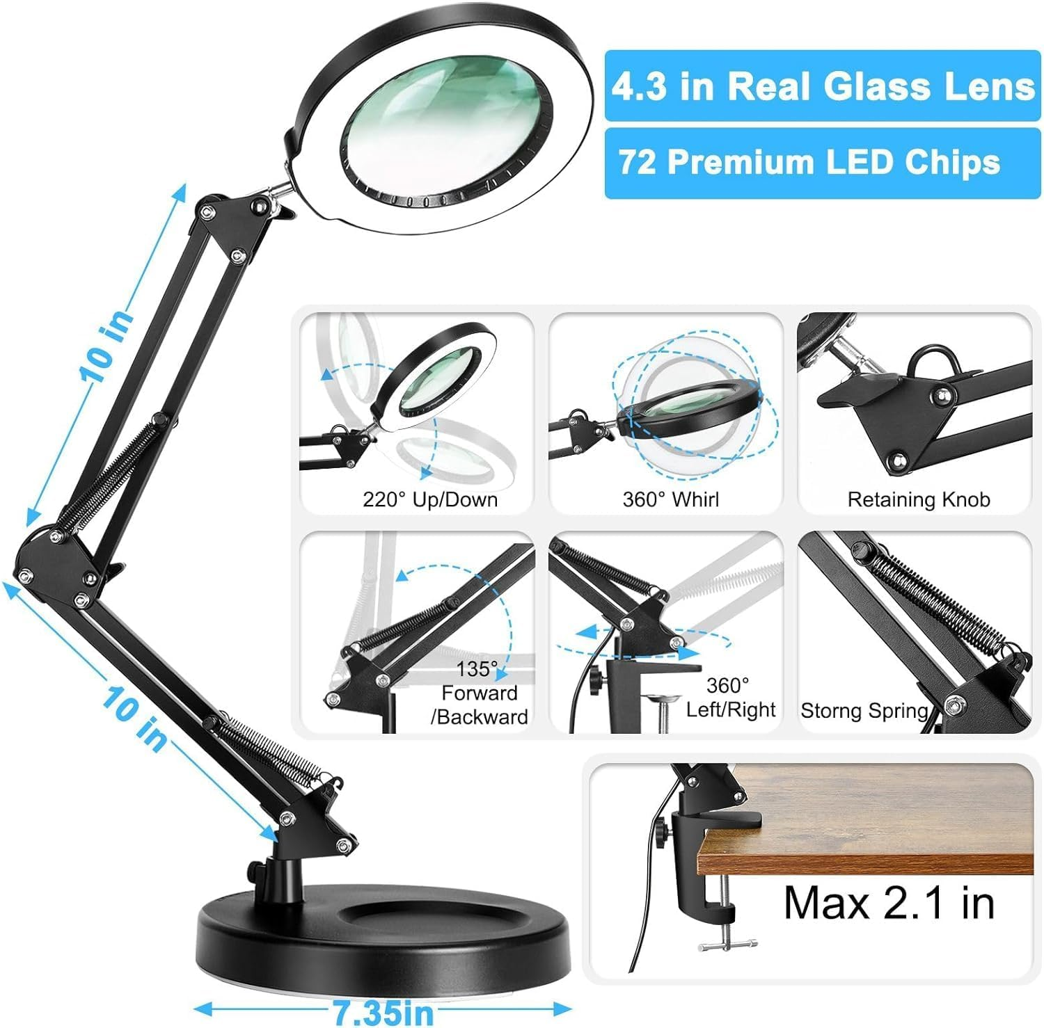 10X Magnifying Glass with Light and Stand, Magnifying Led Desk Lamp, Adjustable Color and Brightness Reading Light Ring Light for Repair, Crafts, Soldering (Black, round Base & Clamp) image number 2