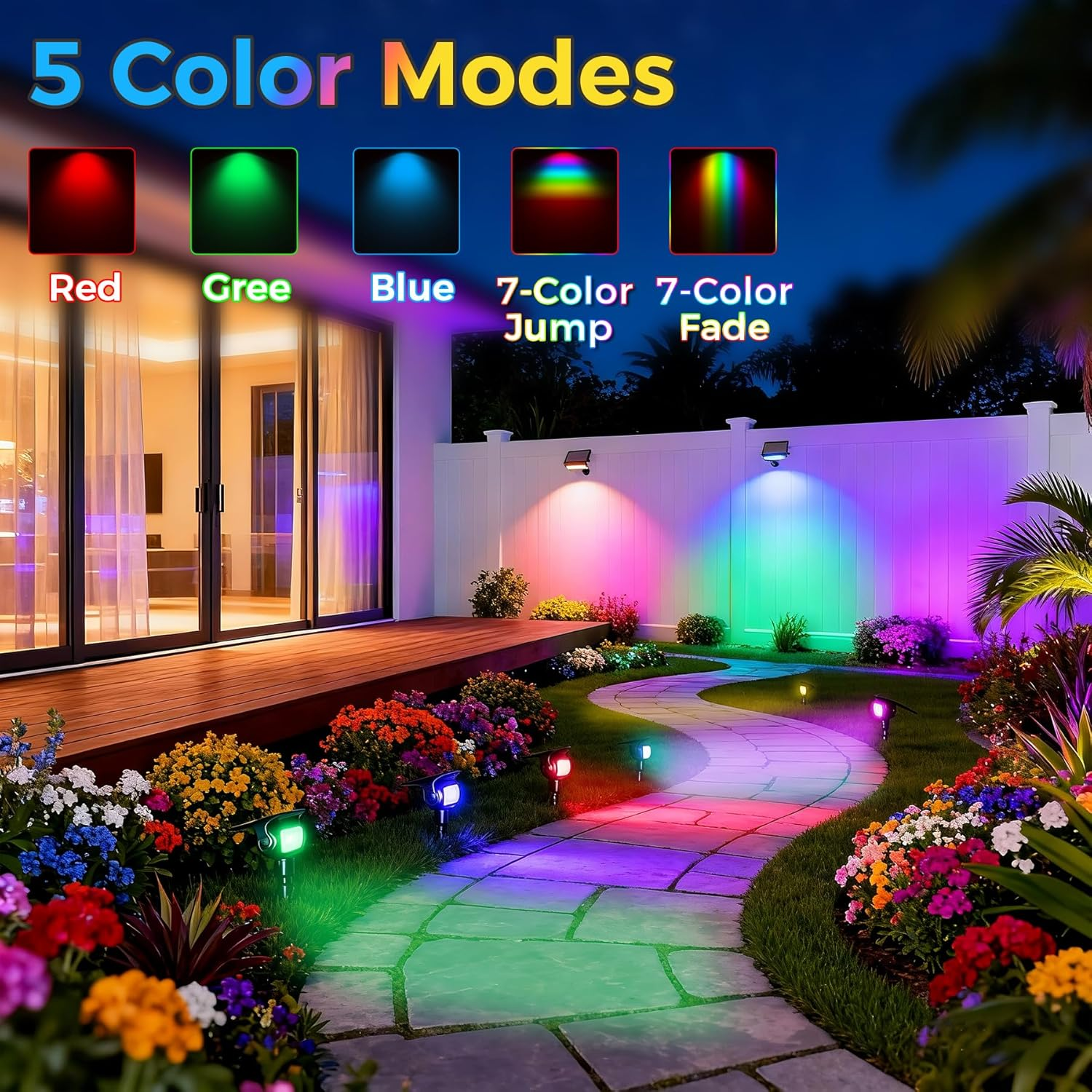RGB LED Solar Garden Spotlights with Ground Stakes, 2 Pack, 5 Color Modes, Dusk-To-Dawn Sensor, IP65 Waterproof Outdoor Solar Lights for Yard, Lawn and Pathway Lighting image number 5