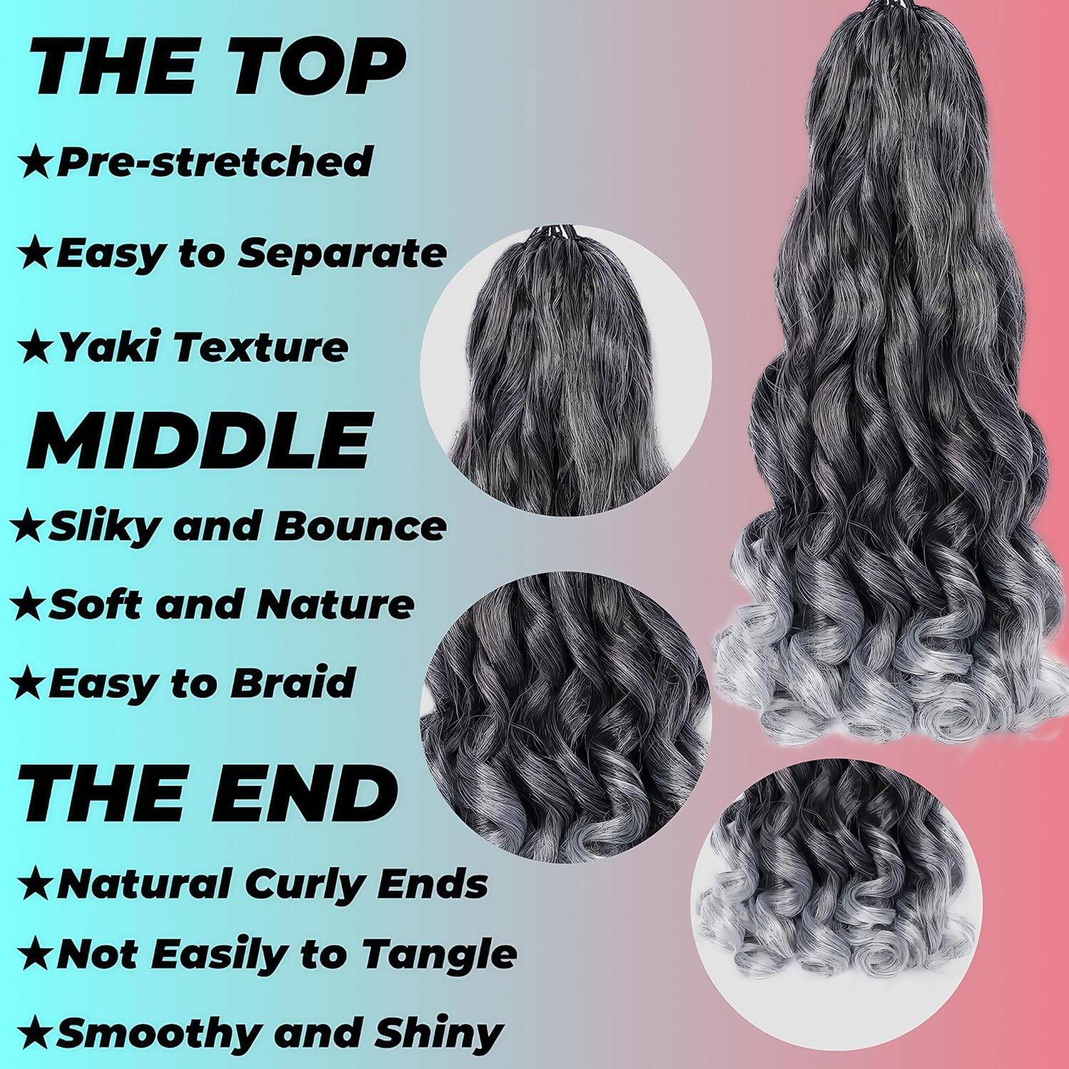 French Curl Braiding Hair 24 Inch Pre Stretched Loose Wave Bouncy Braiding Hair 6 Packs Spanish Curl Braiding Hair Extensions(Tgray) image number 5