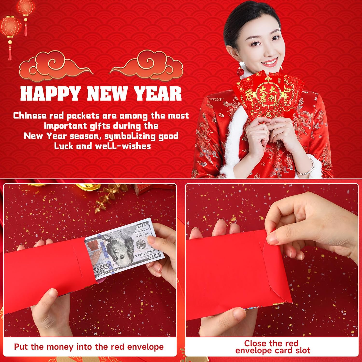 SEPGLITTER Chinese New Year Envelopes 2025, 54PCS Lunar New Year Red Envelopes for Spring Festival, 12 Styles Hong Bao Lucky Money Pockets with Gold Raised Foil image number 1