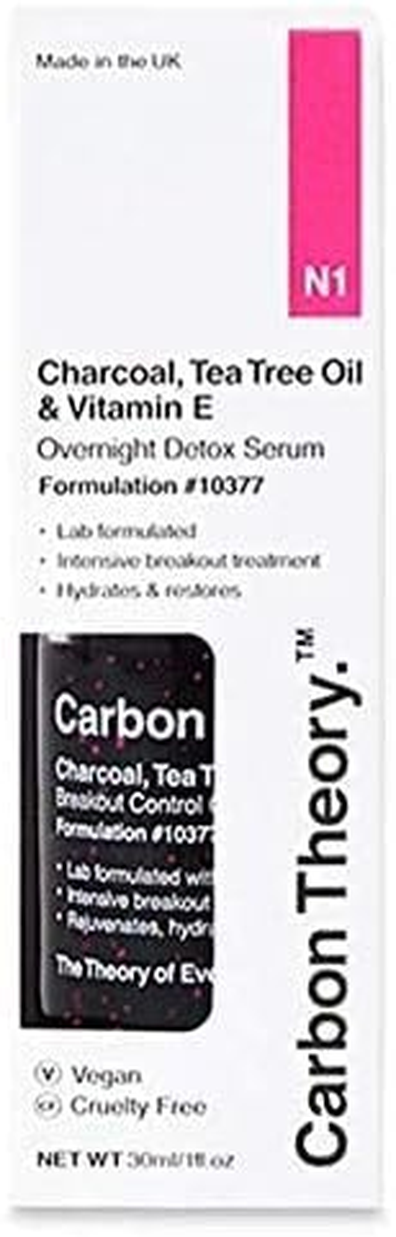 Carbon Theory | Charcoal, Tea Tree Oil & Vitamin E Breakout Control Overnight Detox Facial Serum | Natural, Vegan and Cruelty Free | 30Ml image number 2