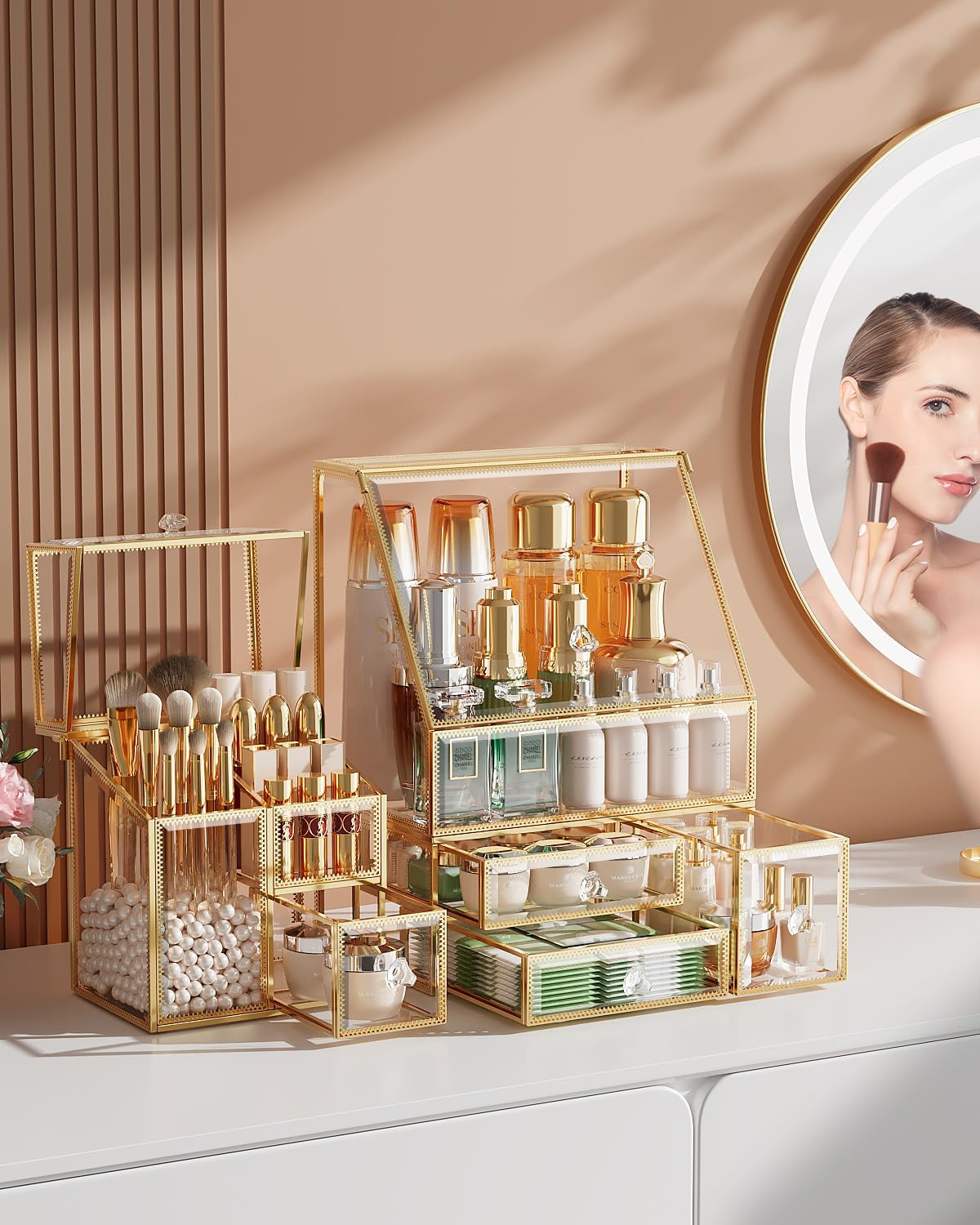 Coralhouse Clear Makeup Organizer with Gold Frame &ndash; Countertop Vanity Organizer for Skincare, Lipsticks, Perfume & Brushes &ndash; Bathroom Cosmetic Storage Display Box - Amber image number 7