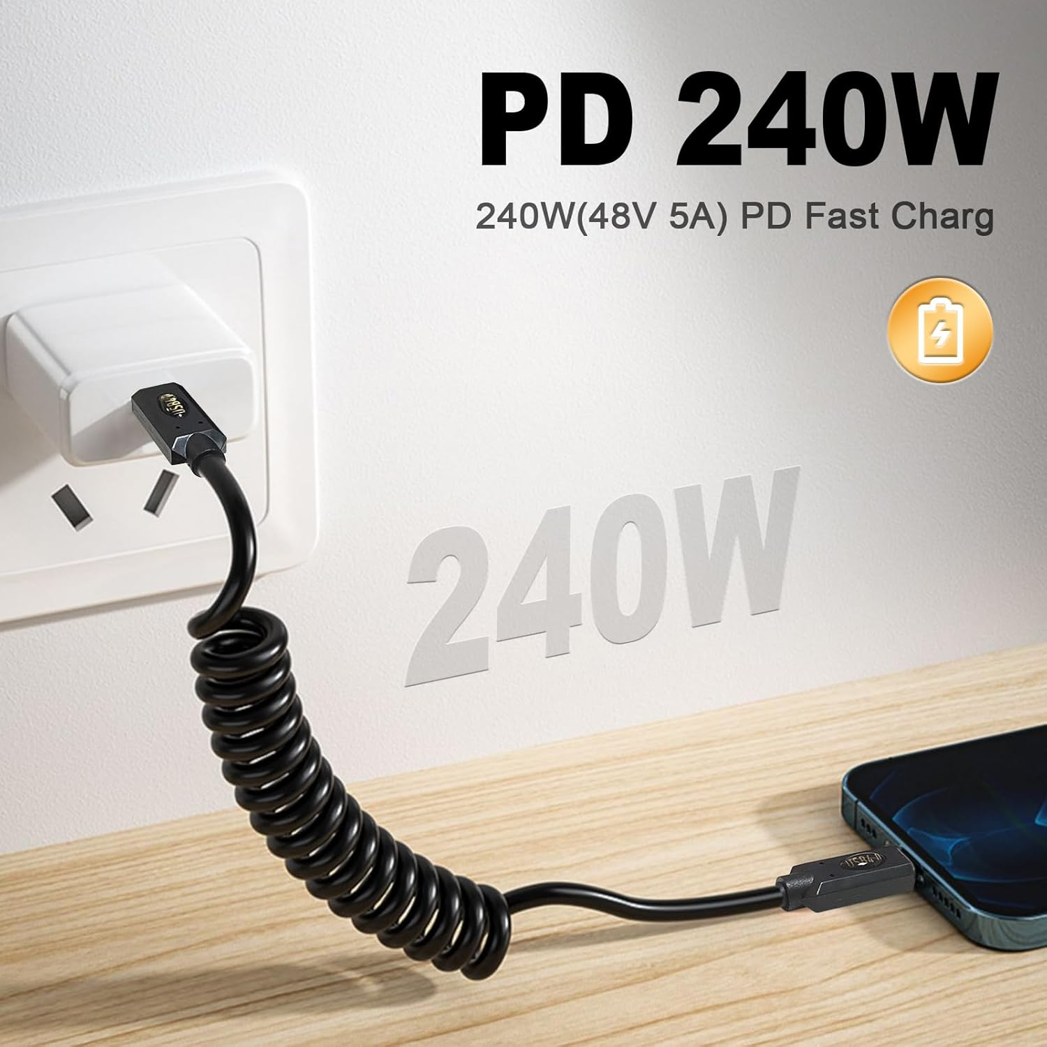 Duttek 240W Coiled USB C to USB C for Thunderbolt 3, 40Gbps USB C to USB C Coiled Cable, USB Type C Male to Male Spiral Cable Support 8K@60Hz Video Compatible with Macbook Pro/Air, Ipad Pro 1M image number 1