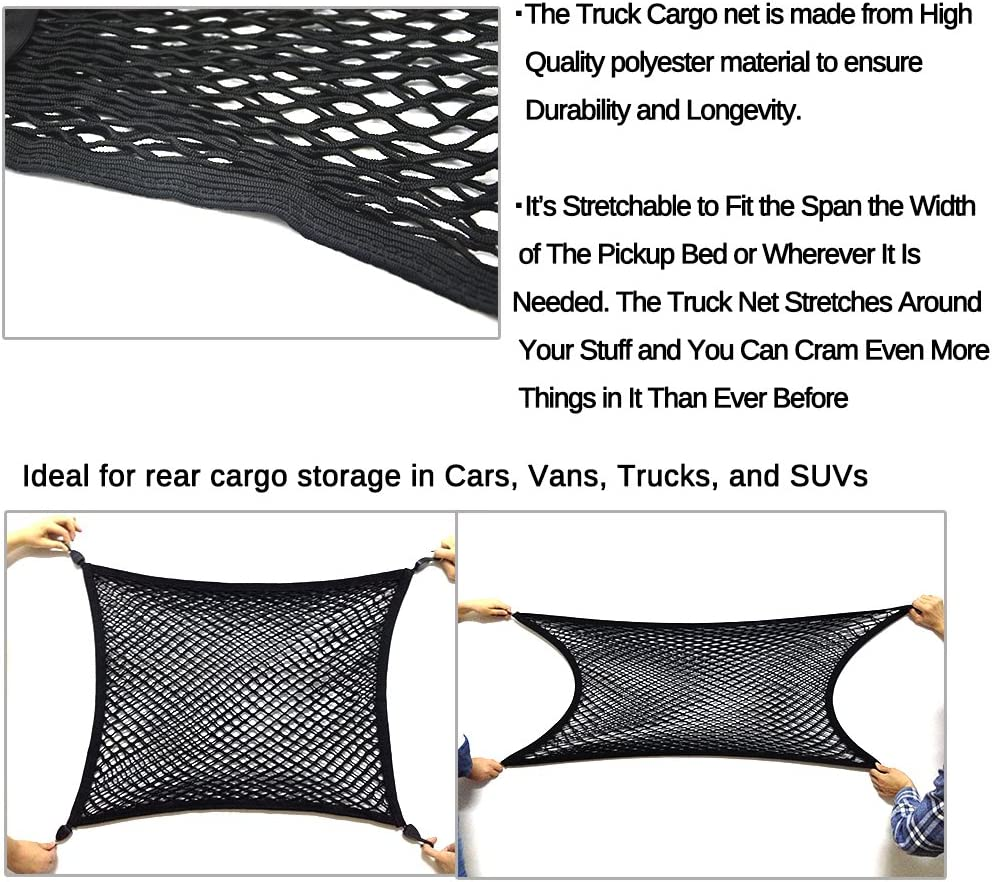 Premium Quality Adjustable Elastic Cargo Net Universal Stretchable Truck Net with Hooks,Storage Bag for Car, SUV, Truck, Pickup Trucks Black 40X32In image number 2