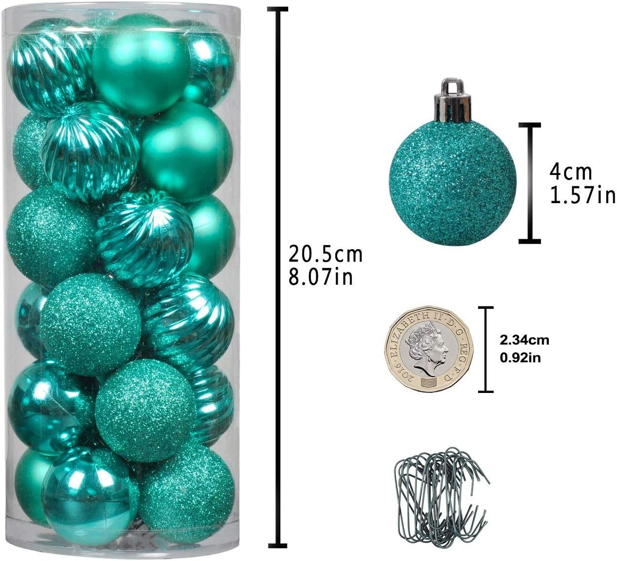 Christmas Tree Baubles Teal Ball Onaments Shatterproof Hanging Decorations 24Pcs