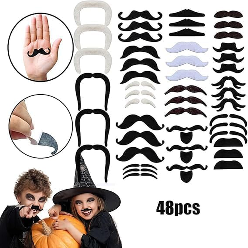 Fake Moustache, Fake Mustache Set, Various Styles Novelty Mustache Stickers for Men Women, Self Adhesive Fake Beard Funny Fake Mustache for Halloween Masquerade Party (White+Black) image number 6