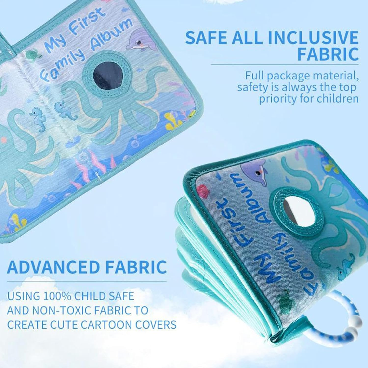 Soft Cloth Baby Book, First Family Album, 7.3X5.5In Compact Octopus-Themed Design, Holds Authentic Fabric Cover, Baby Memory Photo Books Keepsake for Parents and Kids