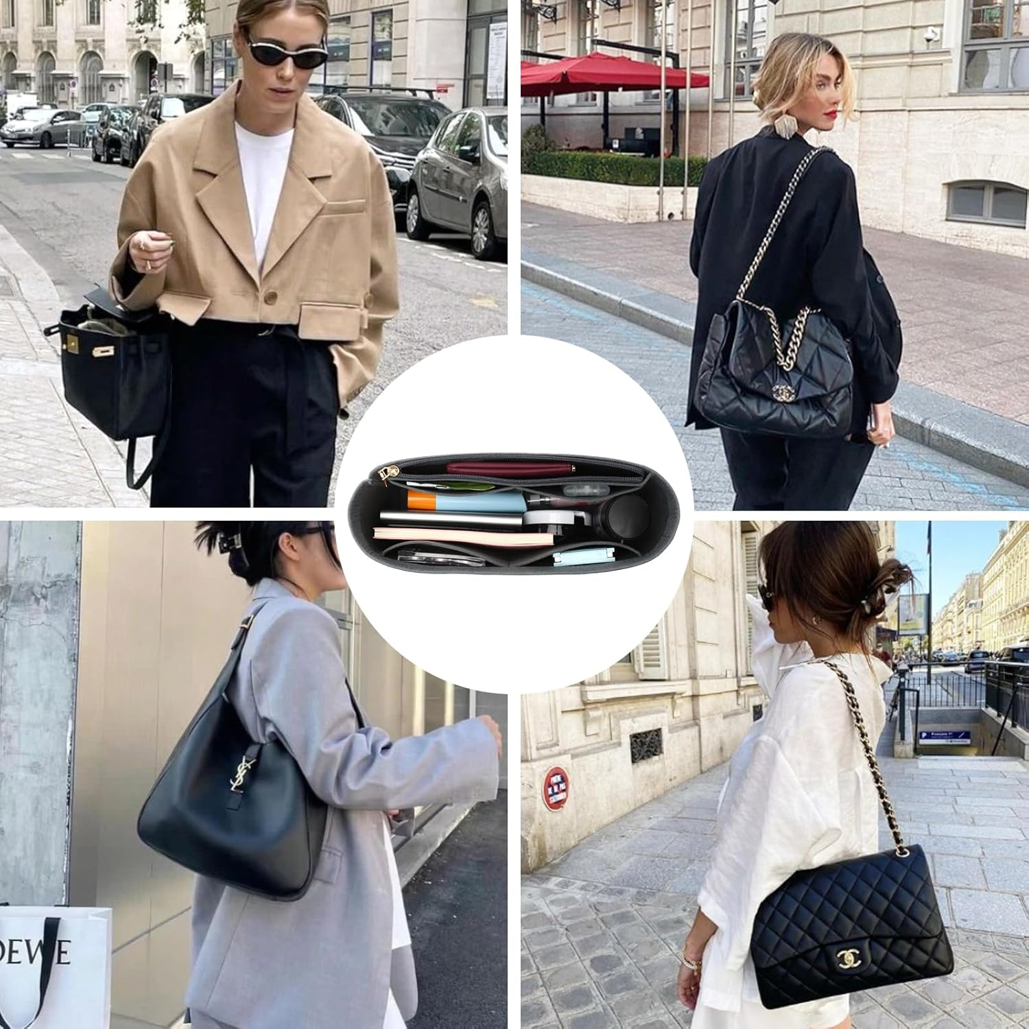 Surblue Purse Organizer Insert for Handbags, Felt Bag Organizer with Zippers Handbag Shaper Pouch for Classic 19 Flap Bag, Marmont, Onthego,（Grey, Slender M） image number 2