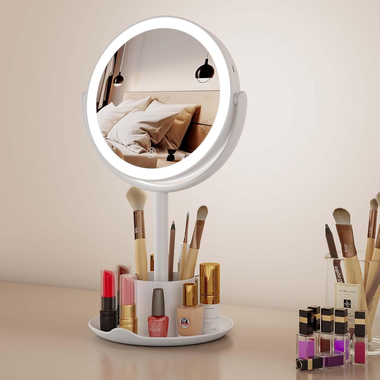 Dual Sided Makeup Mirror 22X22Cm 10X Magnifying Mirror Adjustable LED Light with Storage Tray Mobile Phone Holder image number 2